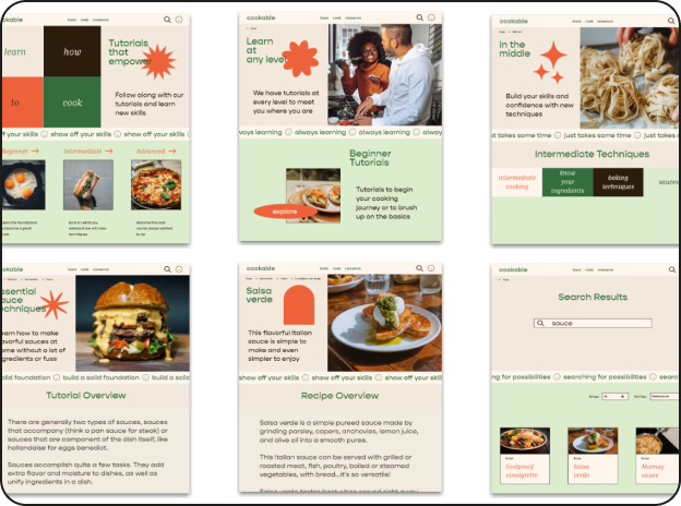 A collage of six screenshots from a cooking website called "cookable." The images feature various sections like tutorials, intermediate techniques, essential sauce recipes, salsa verde recipe, search functionality, and a tutorial/recipe overview. Different dishes are shown, including pasta and a sauce.