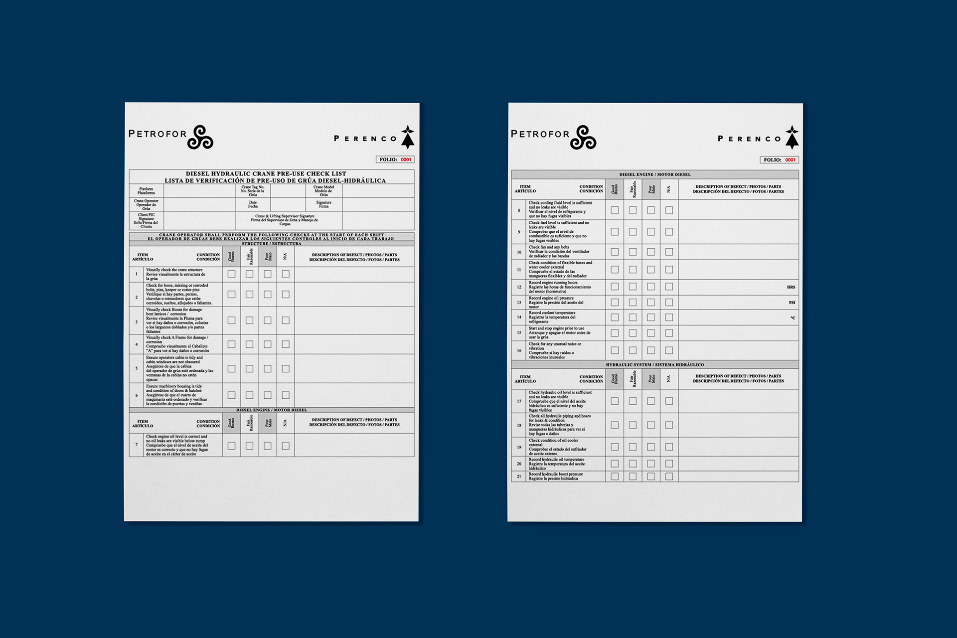 Lista de verificación de pre-uso de grúa diesel-hidraulica
