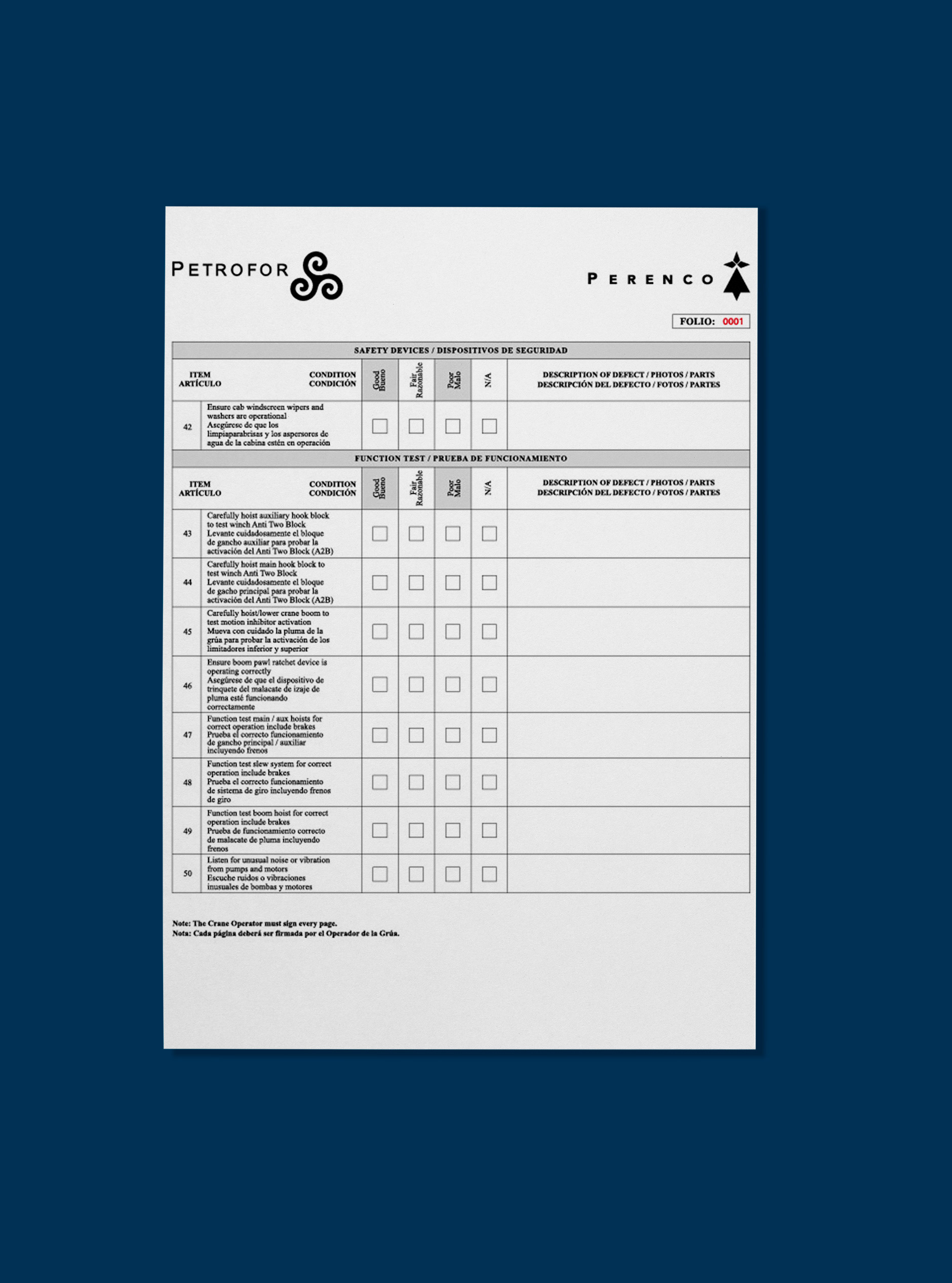 Lista de verificación de pre-uso de grúa diesel-hidraulica