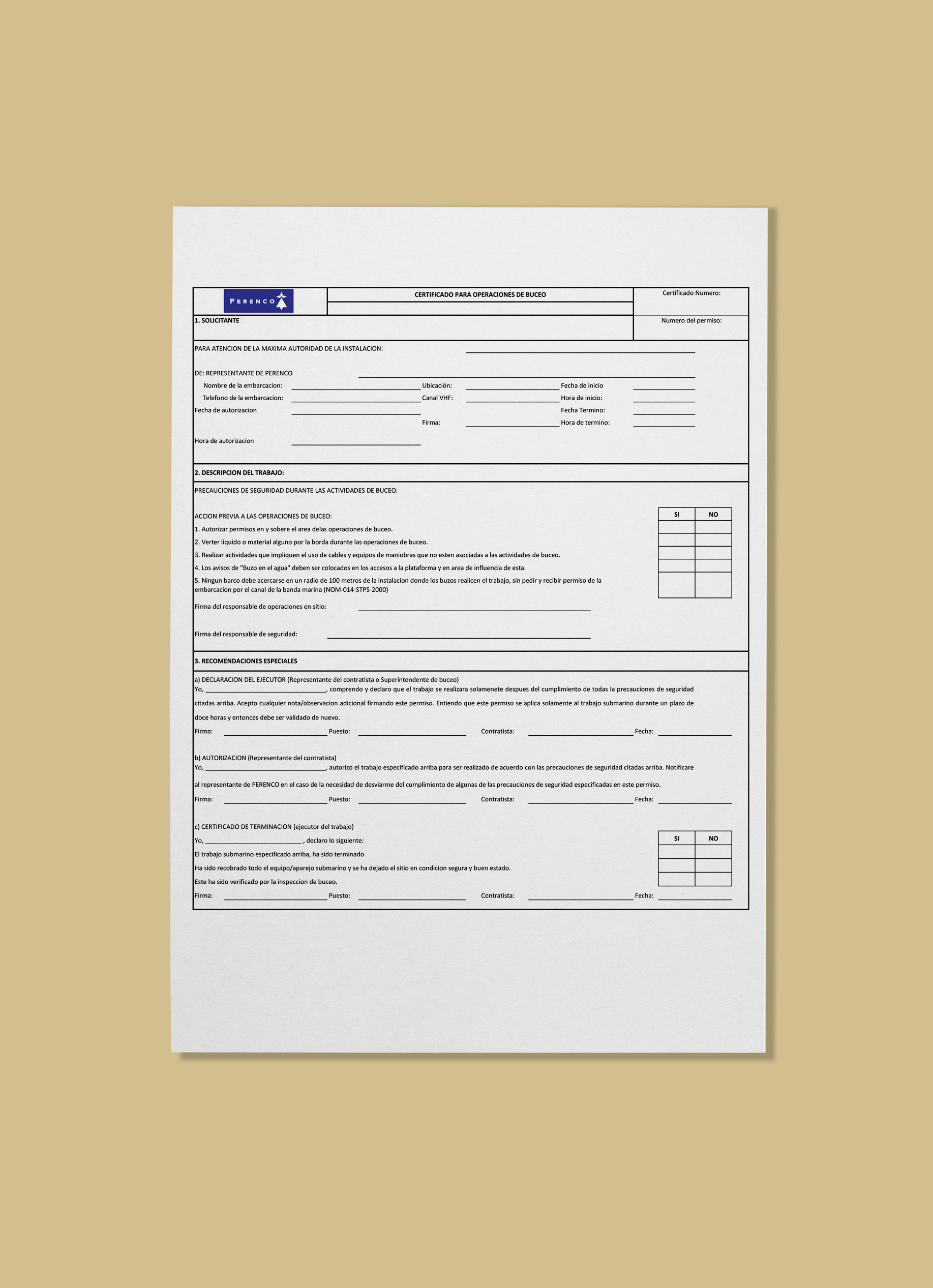 Certificado para operaciones de buceo
