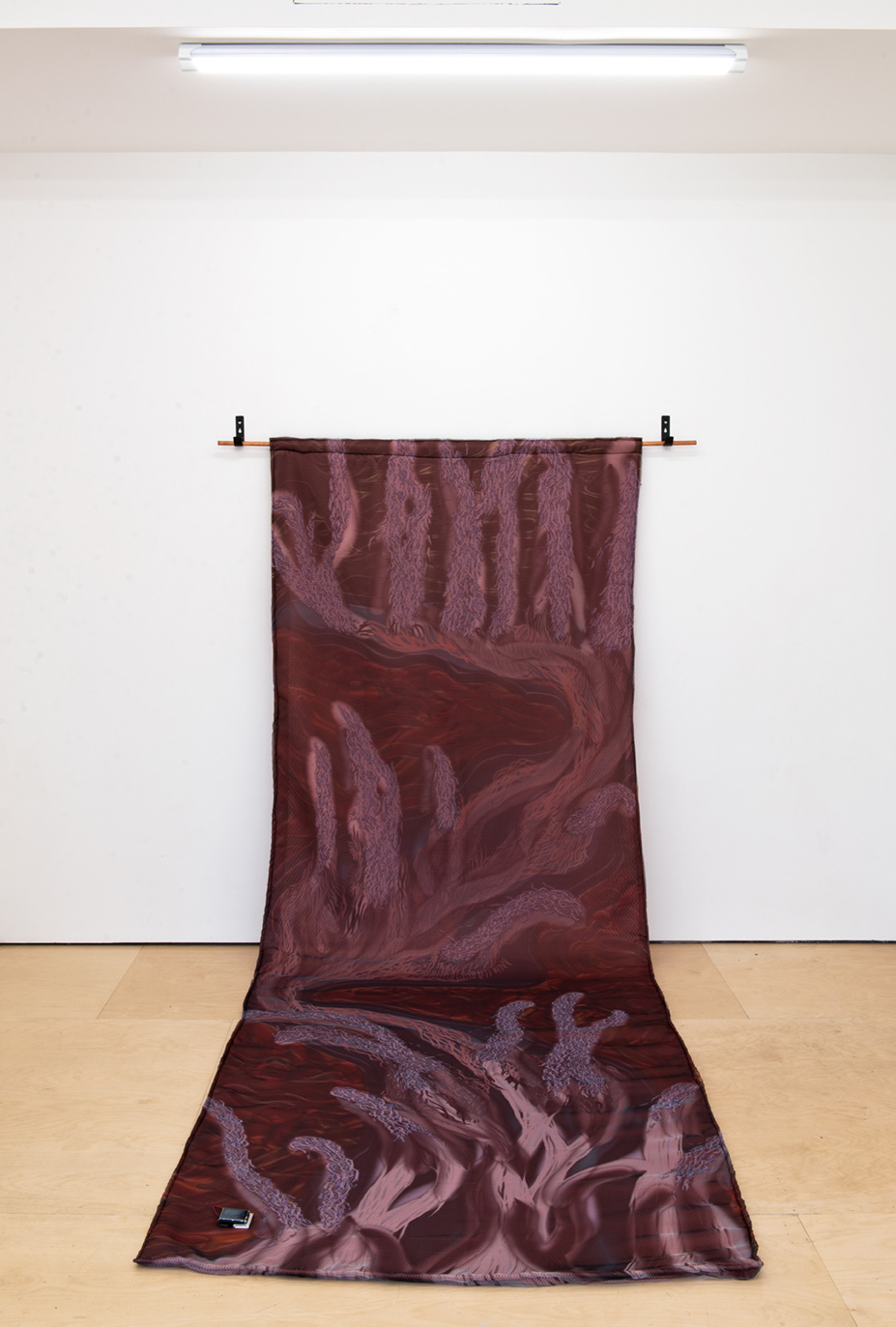 Faith is a Cascade. (400cm x 145cm) Digital textile print, 3D mesh fabric, microcontroller with screen