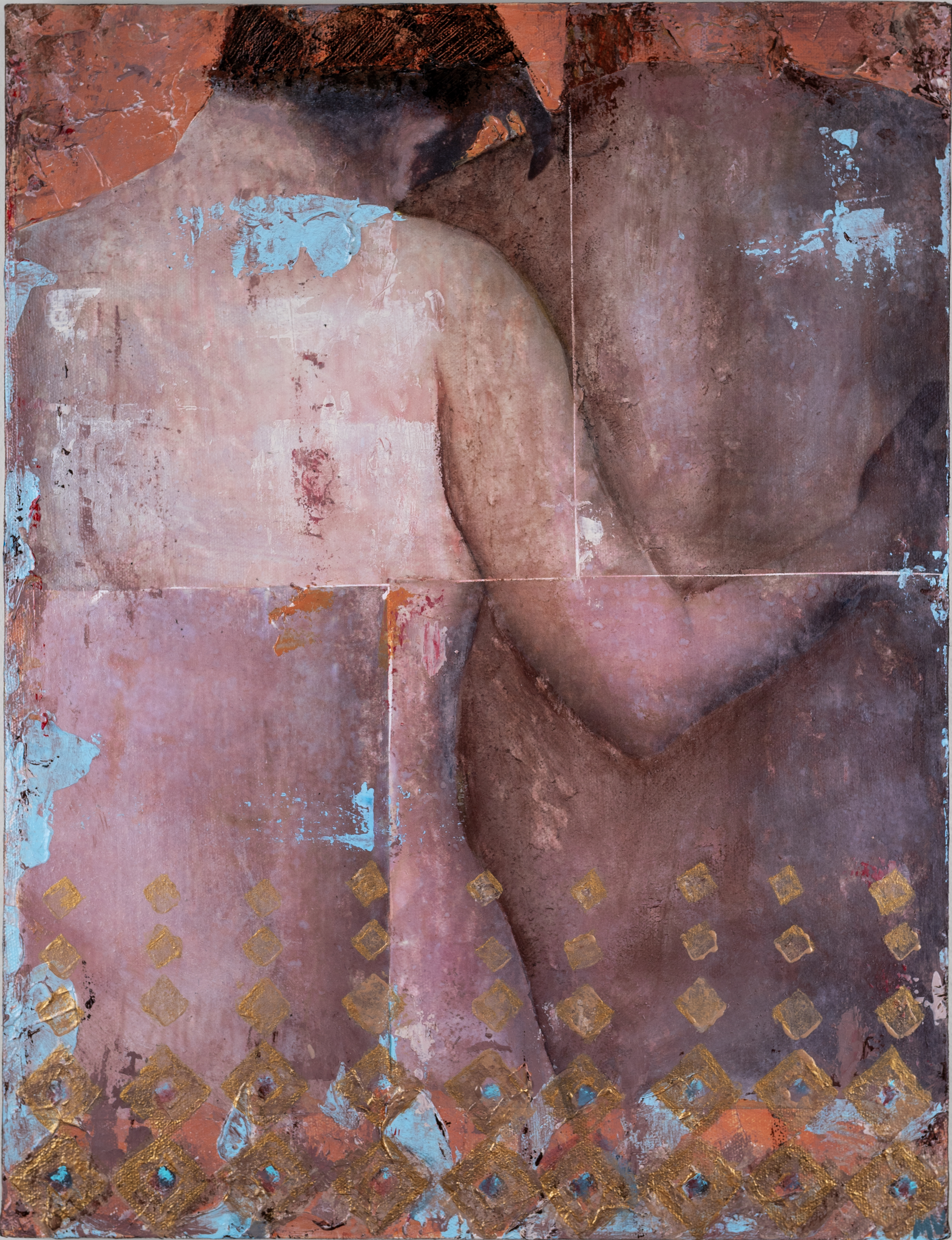 "Embrace in Orange and Blue" 14 x 18in mixed media on canvas