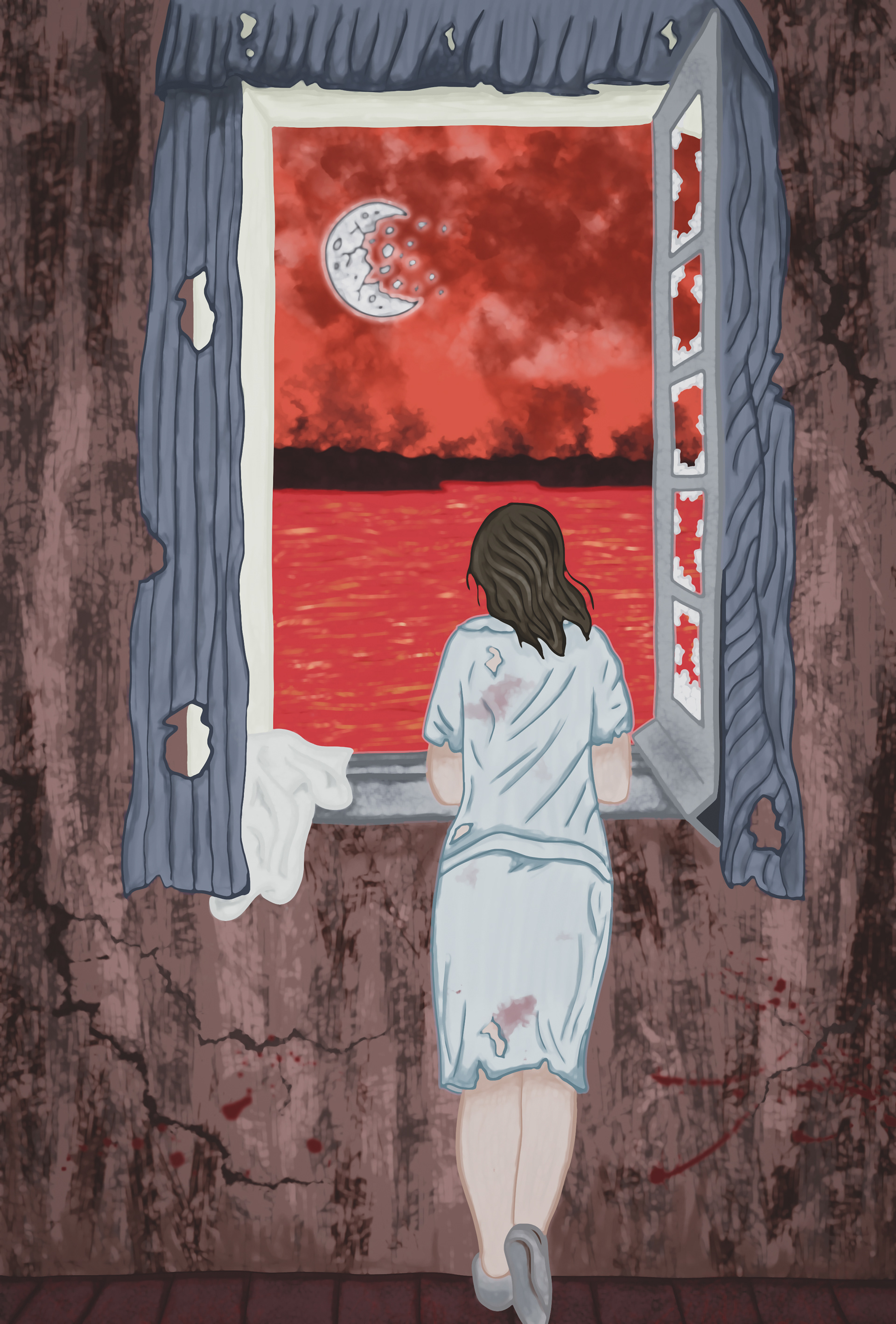 Digital painting of Salvador Dali's "Young woman at a window" with postapocalyptic modifications