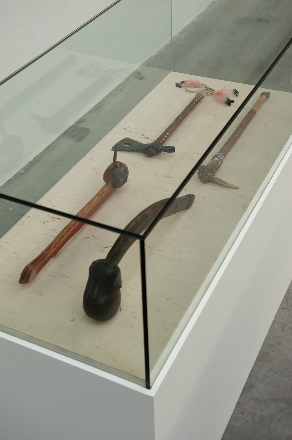 Fig 13: ball war club, Iroquois club, shaman stick, pipe tomahawk