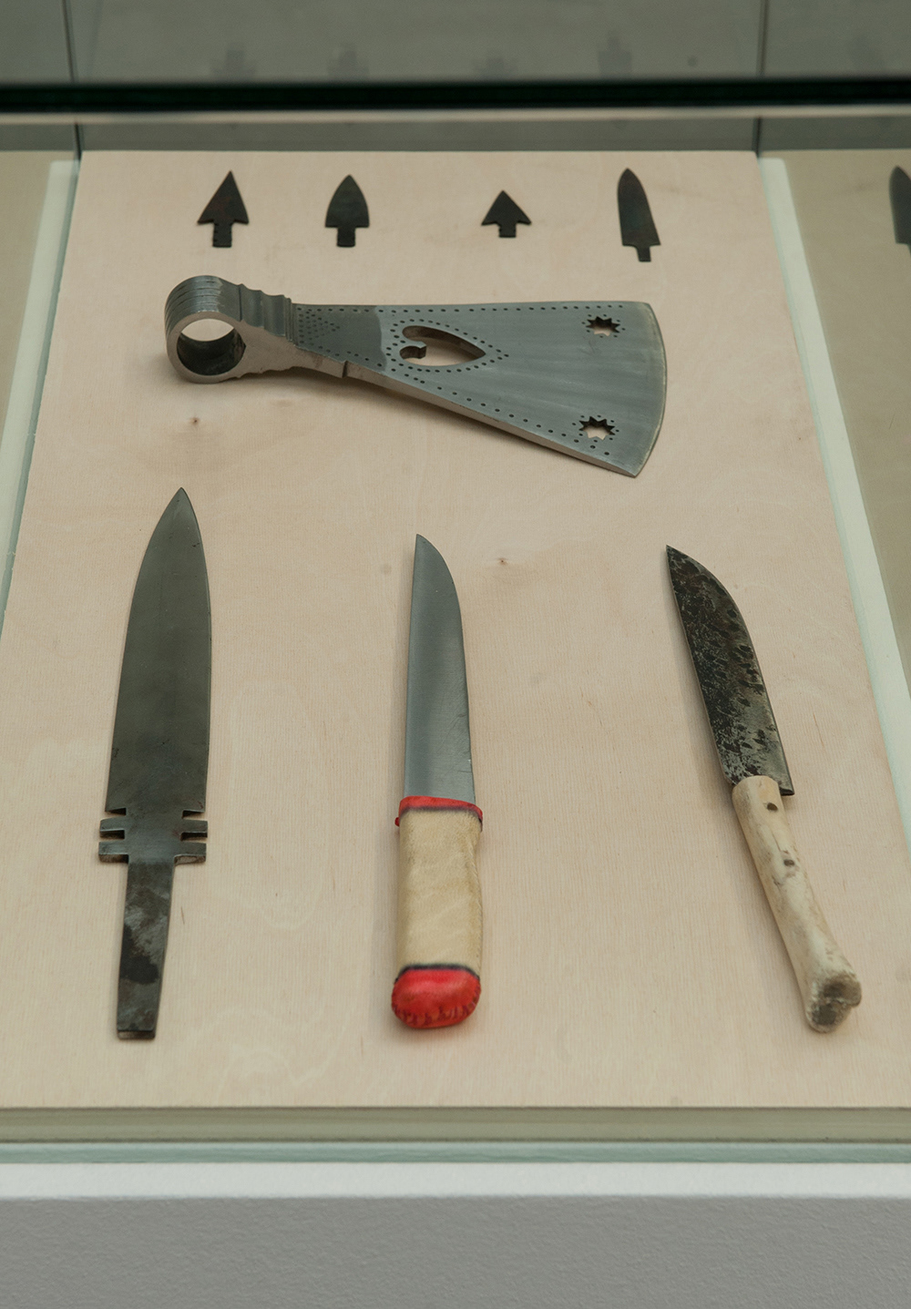 Fig 14: knife with bone hilt, Missouri battle blade, forged spearhead, kitchen knife