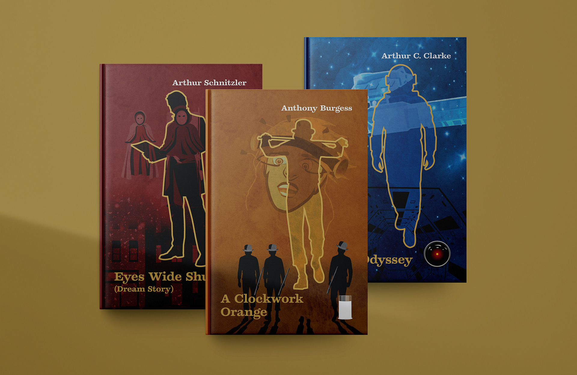 A Clockwork Orange (front), Eyes Wide Shut (Left) and 2001: A Space Odyssey (right)