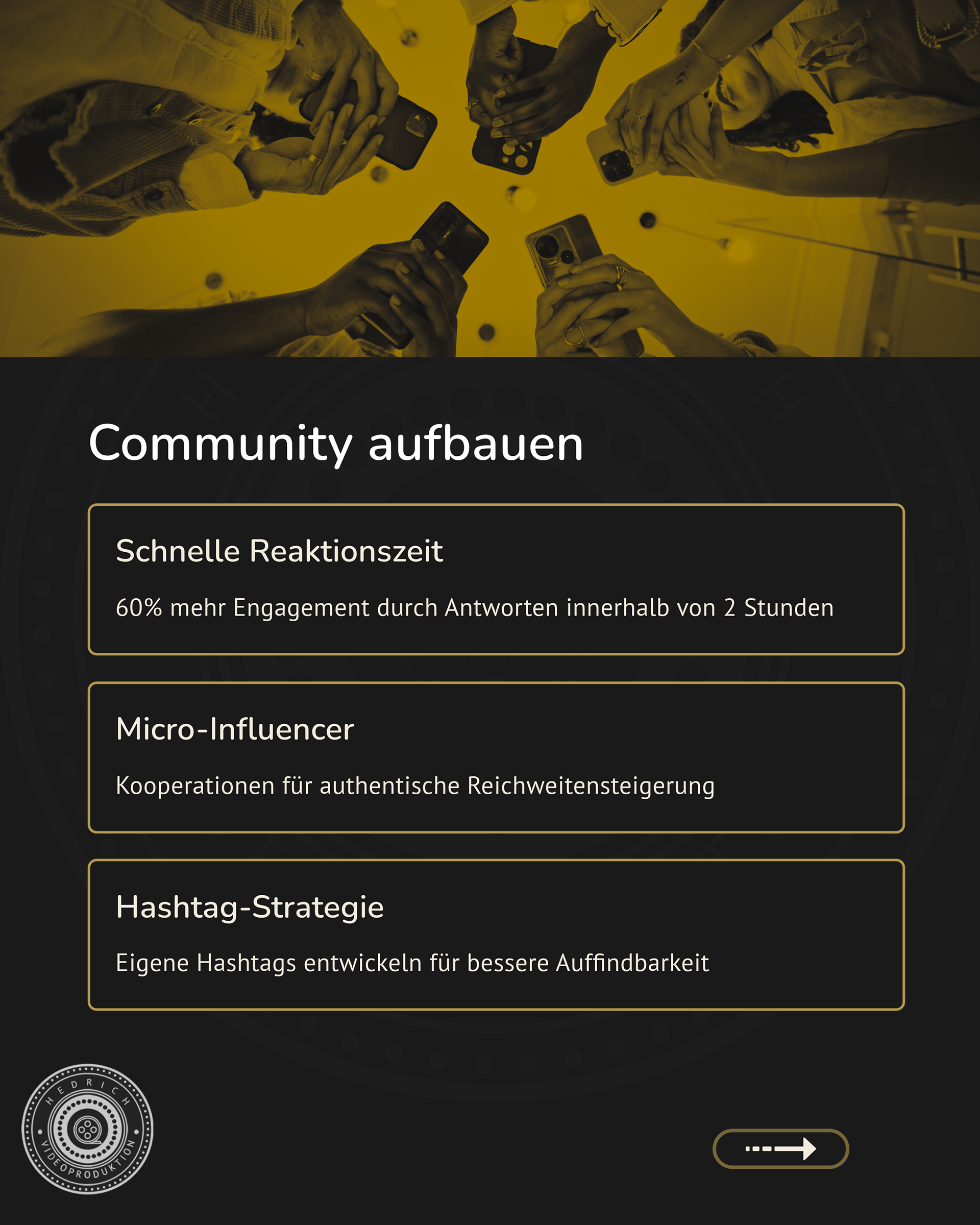 Grafik: Community-Management im Video-Marketing – Reaktionszeit, Micro-Influencer, Hashtag-Strategie