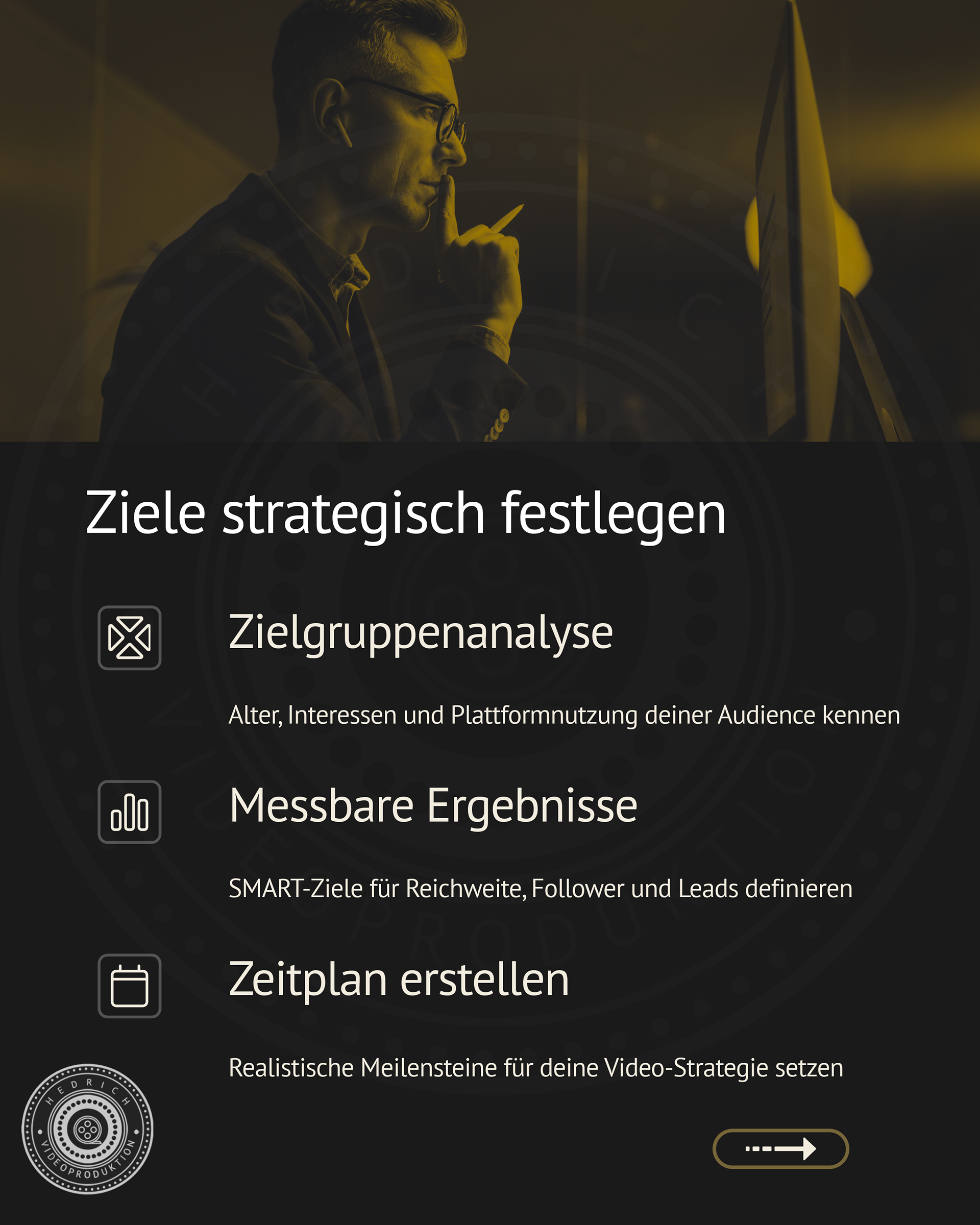 Infografik: Strategische Ziele im Video-Marketing – Zielgruppenanalyse, SMART-Ziele und Zeitplan