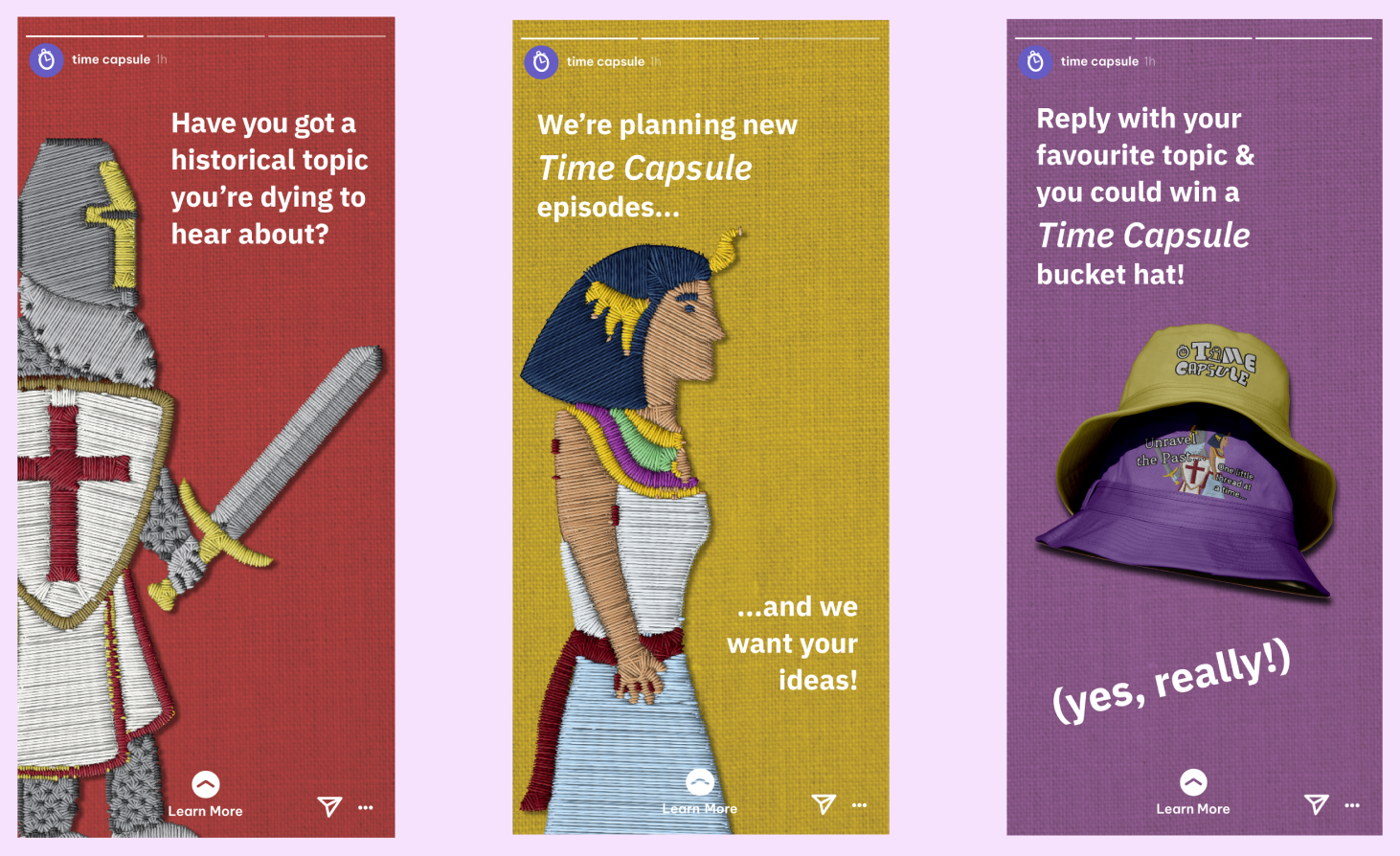 Using the embroidered historical figures within social media rollout - focusing on the tone of voice to connect with a social media-engaging audience.