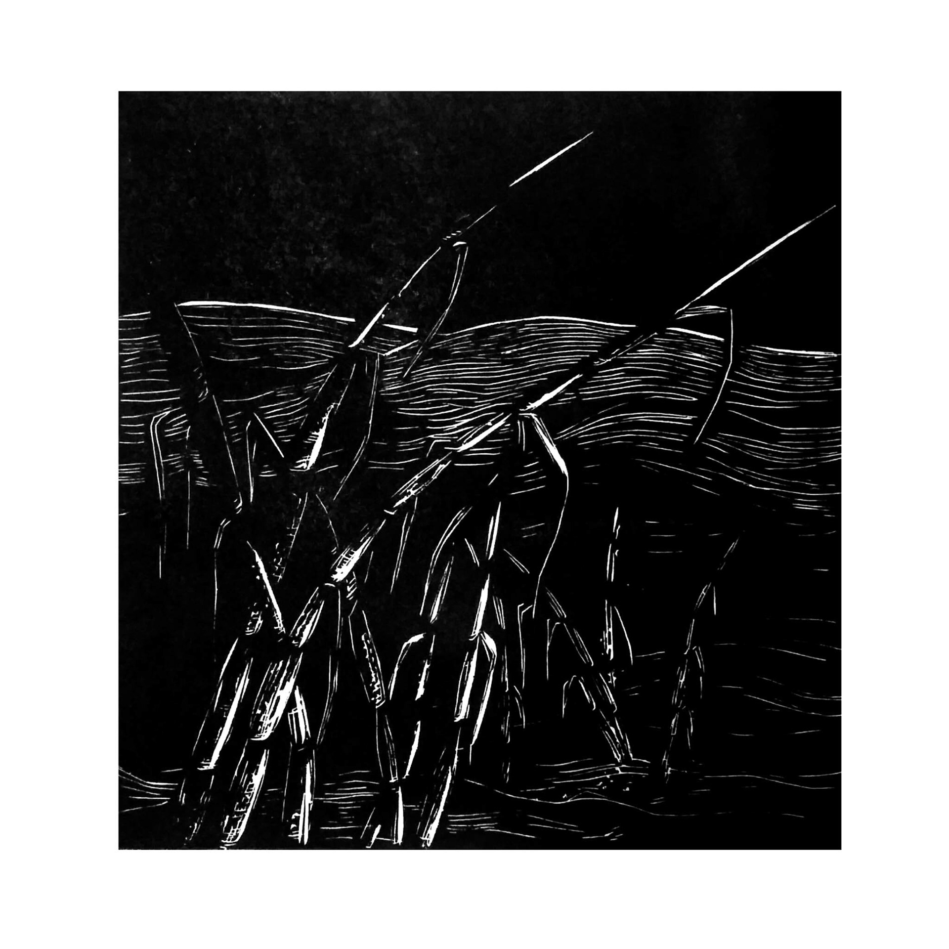 Raquel Ferreira, xilogravura sobre papel, 2019 - "Montanhas e canavial" 27x26cm