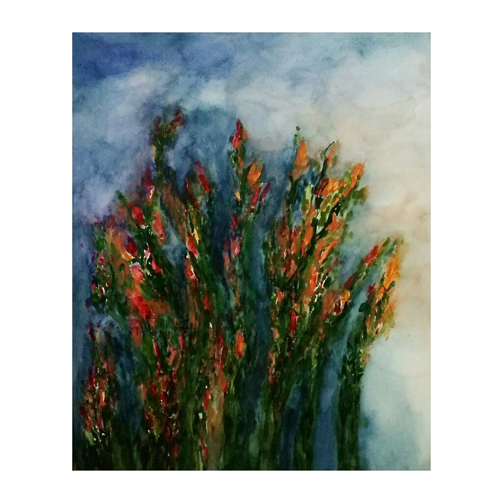 Raquel Ferreira, aquarela sobre papel, 2019 - "Jardim com fundo azul" 60x50cm