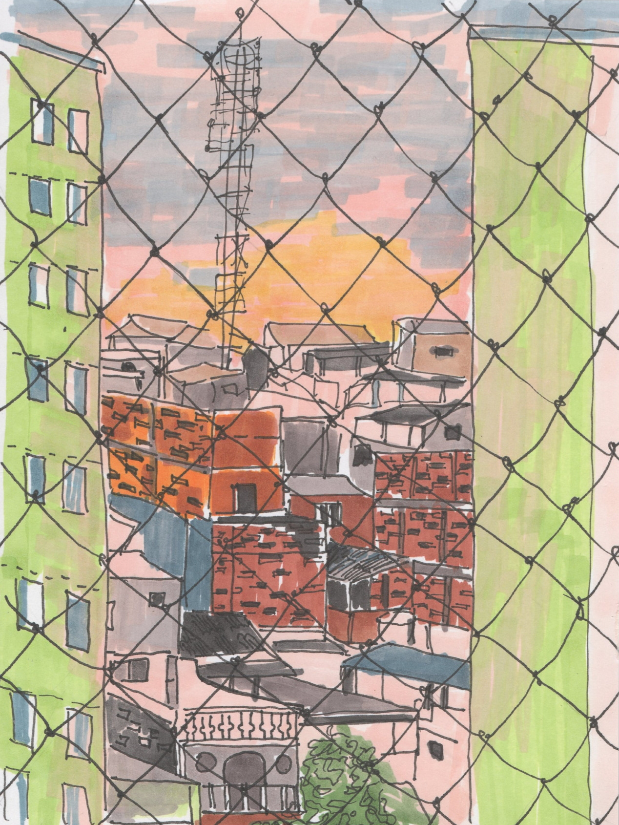 Mundo Miragem - "Onde ficamos os últimos raios de sol do dia" - Ilustração com canetas marcadores, 2021 - 14x18cm