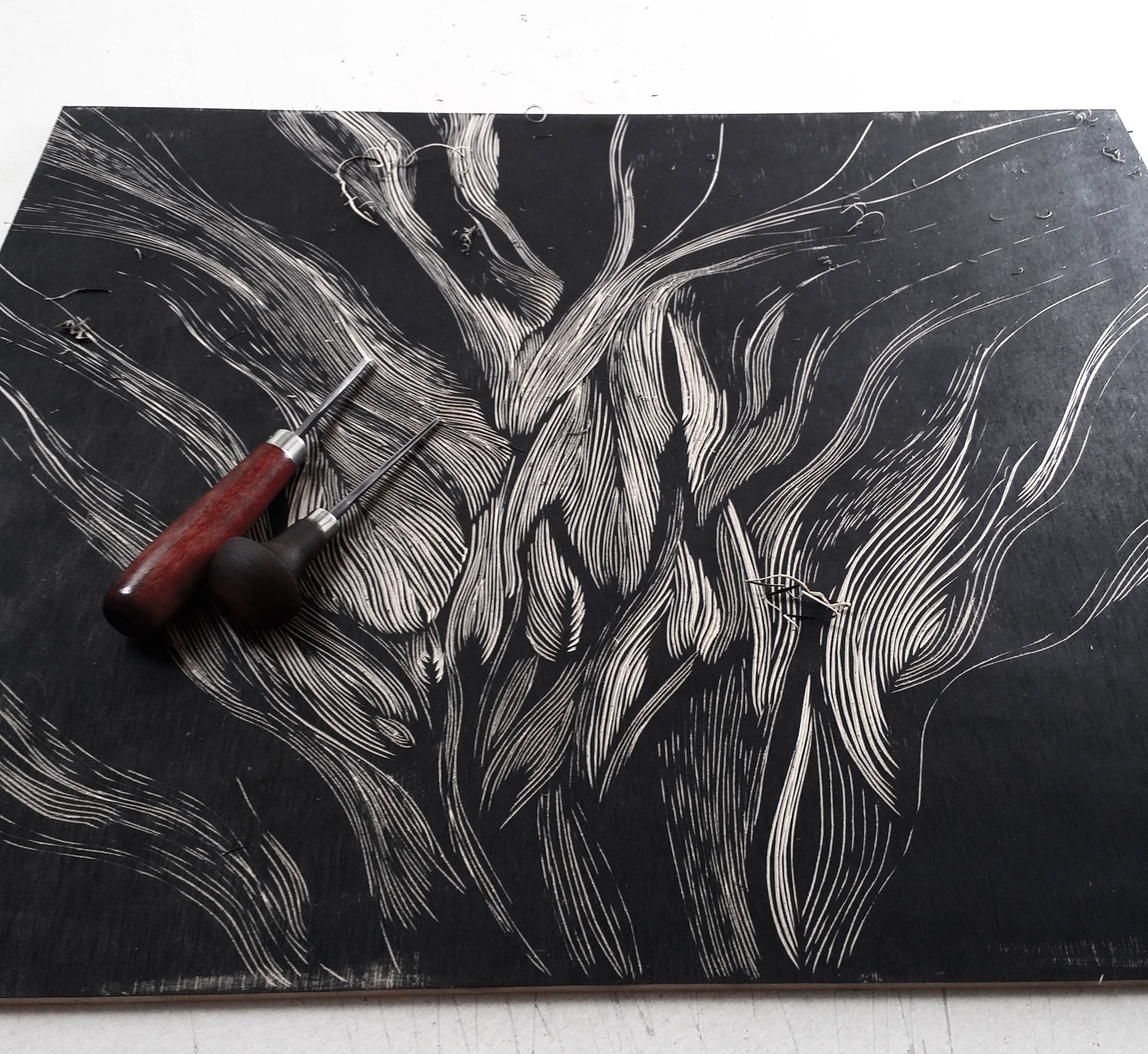 Raquel Ferreira, detalhe de matriz de xilogravura, 2020, obra "cabelo"