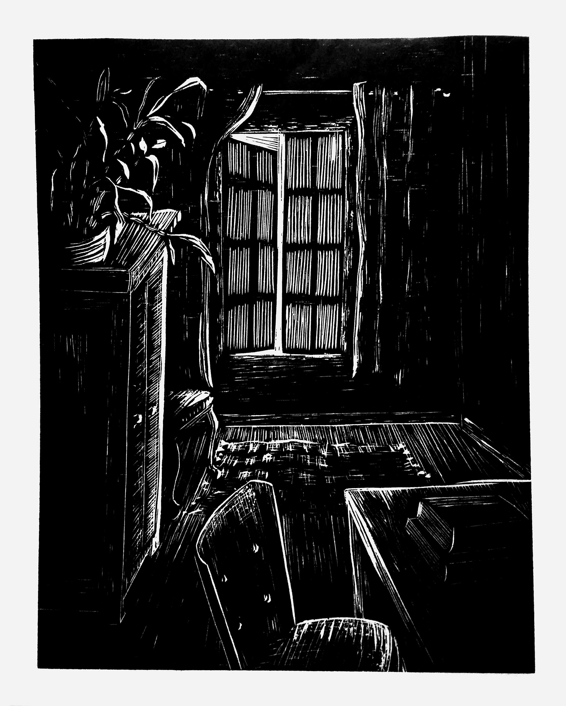 Raquel Ferreira, xilogravura sobre papel, 2020 - "Room" 29x21cm