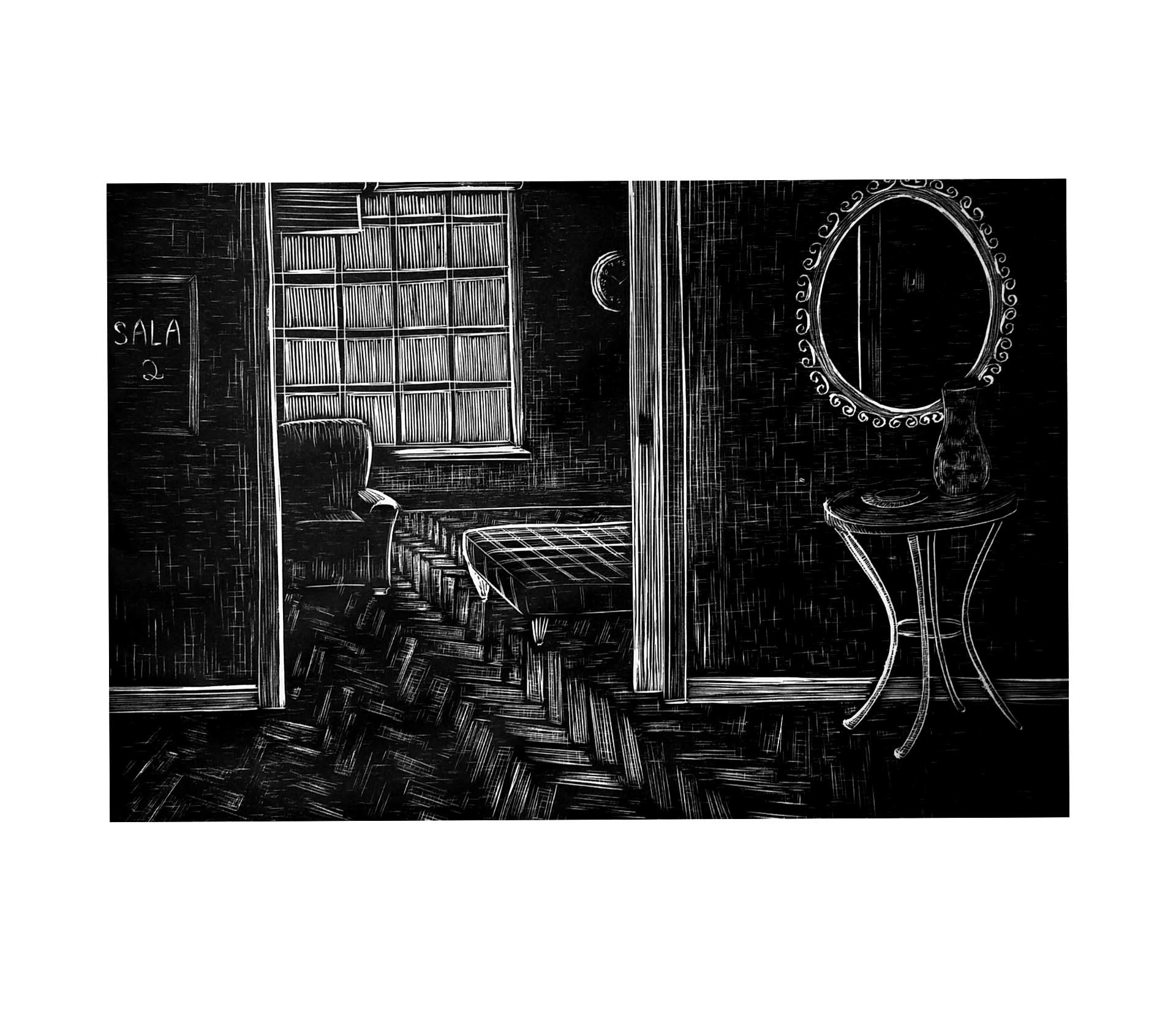 Raquel Ferreira, xilogravura sobre papel, 2021 - "Sala 2" 28x20cm