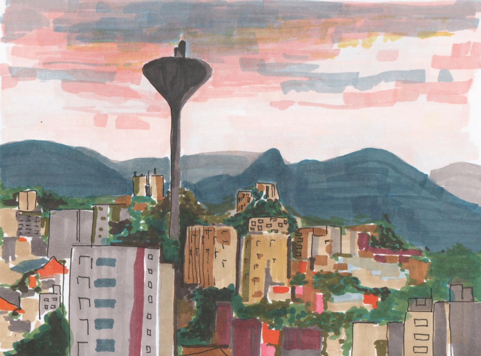 Mundo Miragem - "Horizonte rosa" - Ilustração com canetas marcadores, 2021 - 14x18cm