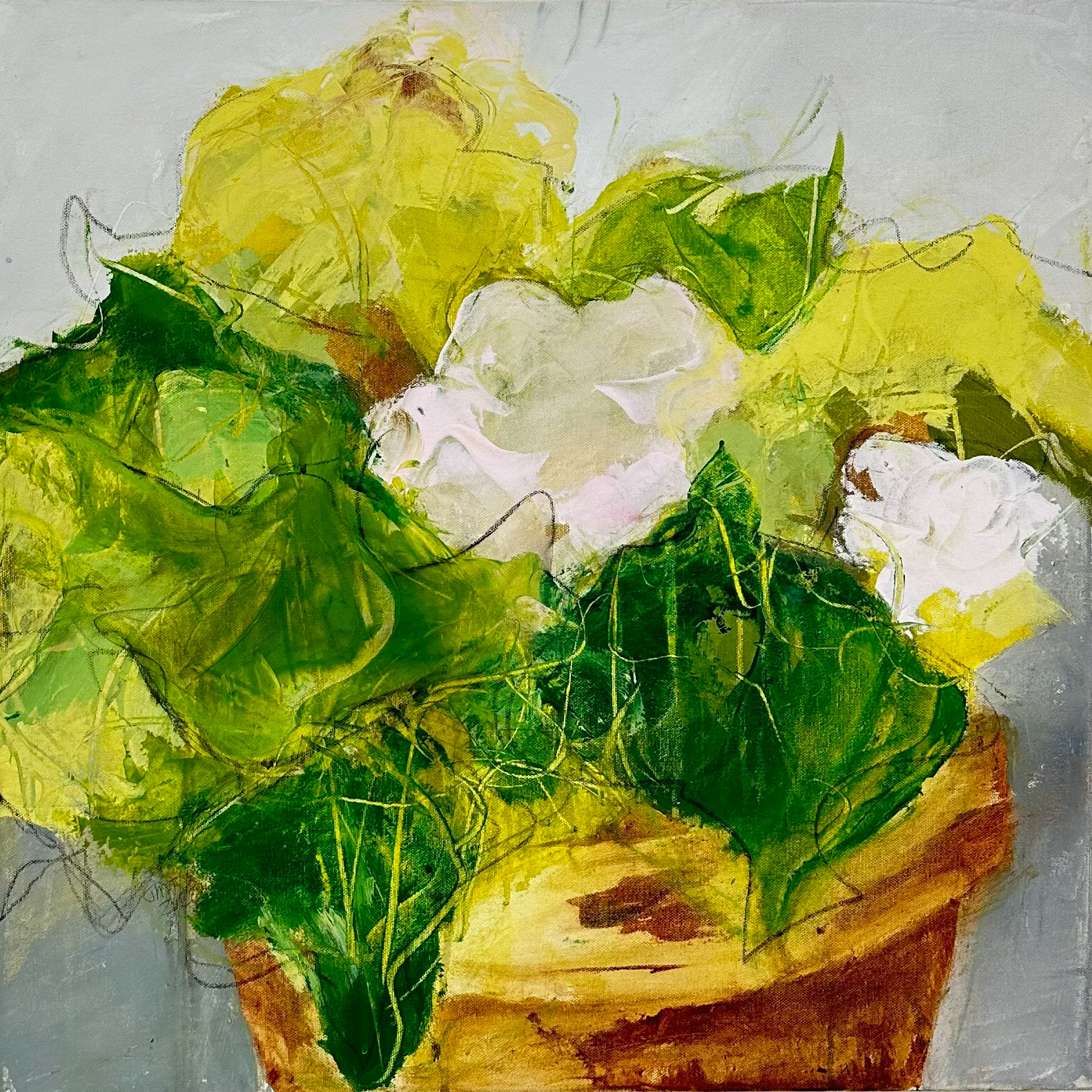 Overcast with a Chance of Blossoms, Acrylic/Mixed Media on Canvas, 24" x 24'