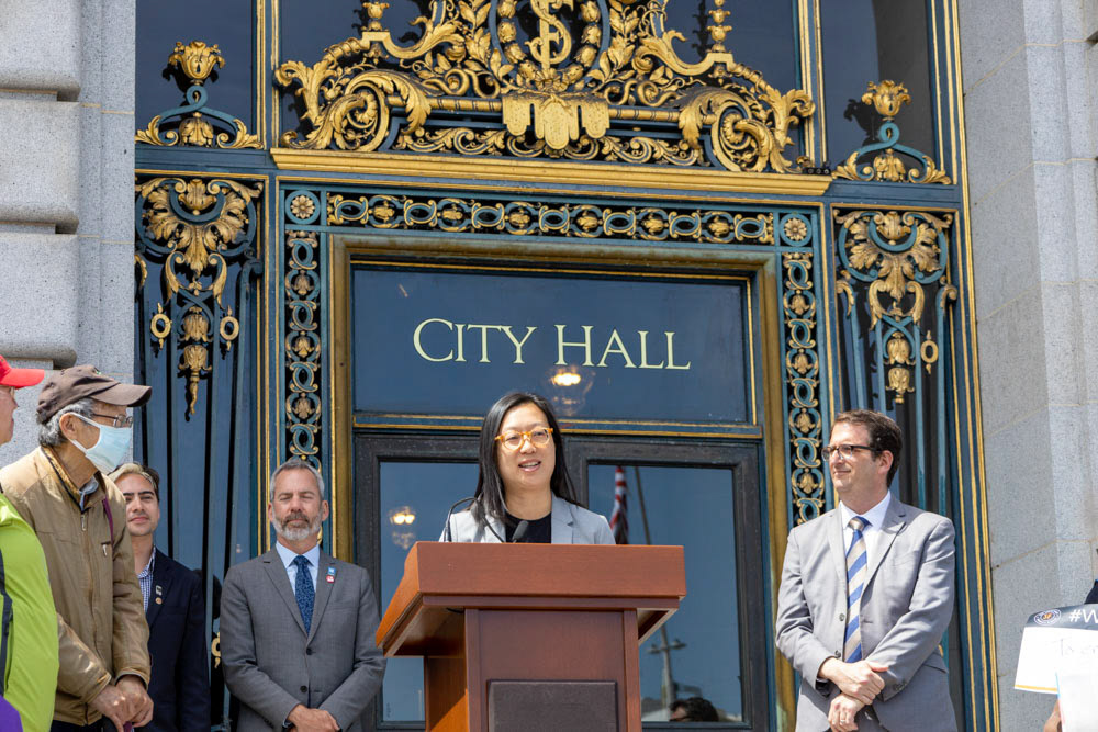 Rally for Transit Funding at San Francisco City Hall, April 18, 2023. BART Board Janice Li