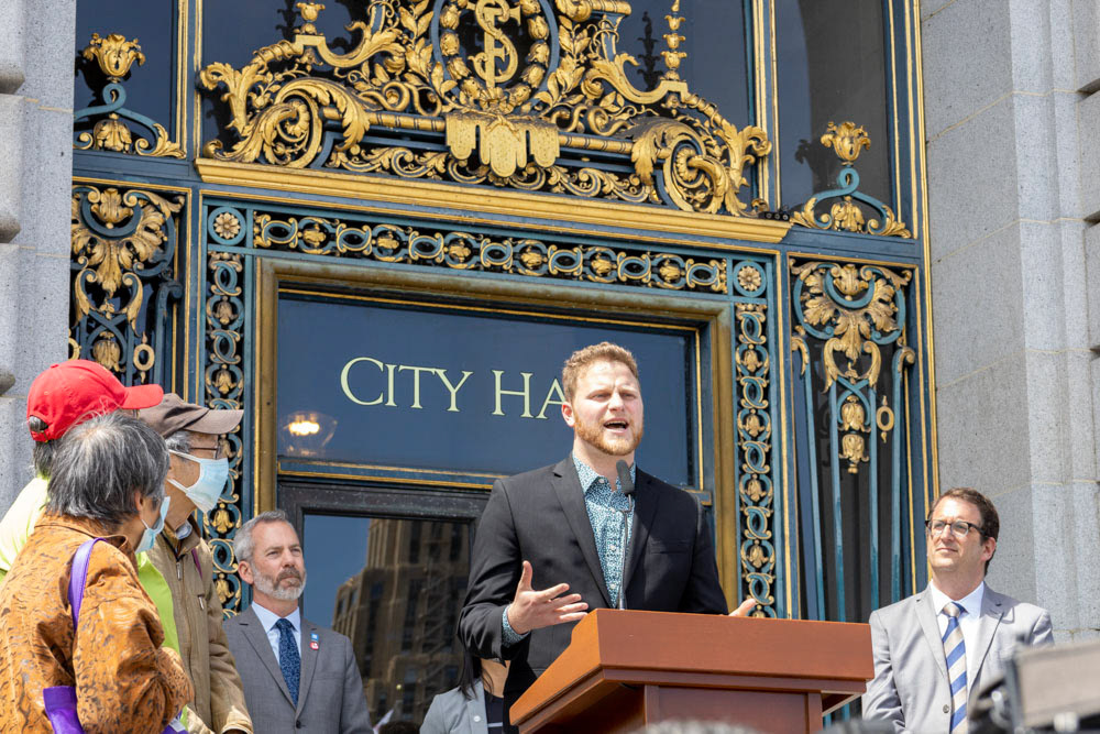 Rally for Transit Funding at San Francisco City Hall, April 18, 2023. TransForm Zack Deutsch-Gross.