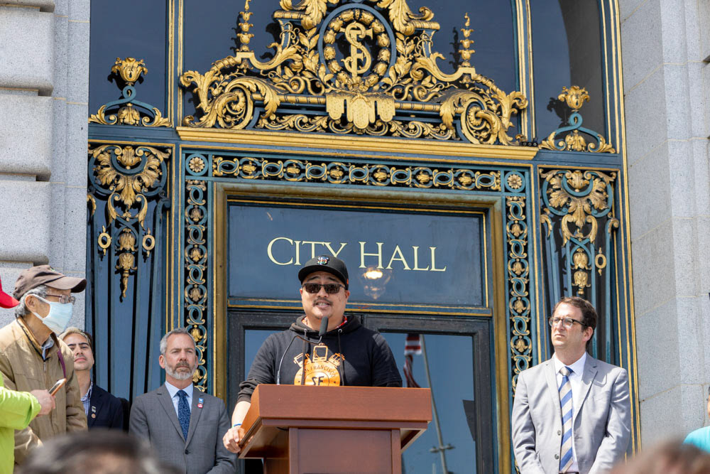 Rally for Transit Funding at San Francisco City Hall, April 18, 2023. San Francisco Transit Riders Jaime Viloria