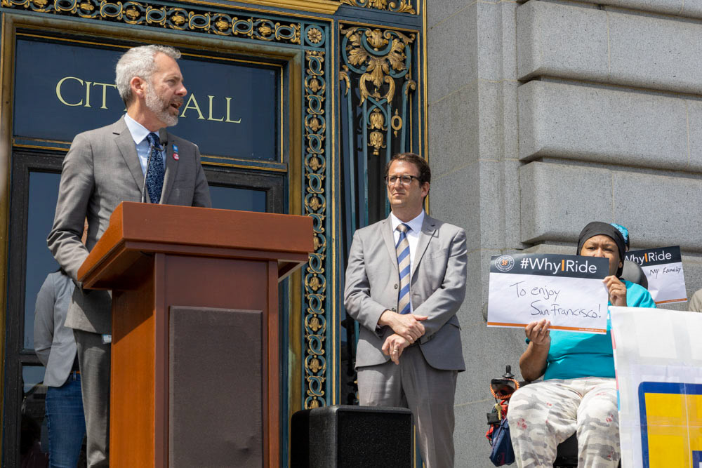 Rally for Transit Funding at San Francisco City Hall, April 18, 2023. SFMTA Jeffery Tumlin.