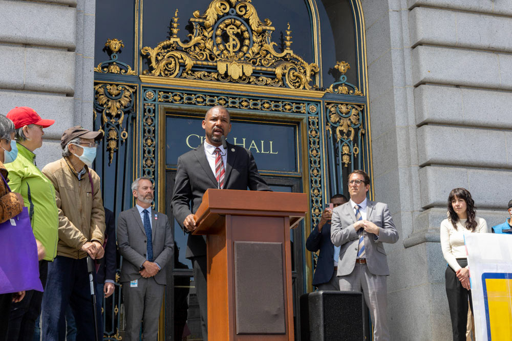 Rally for Transit Funding at San Francisco City Hall, April 18, 2023. San Francisco Supervisor Shamann Walton.