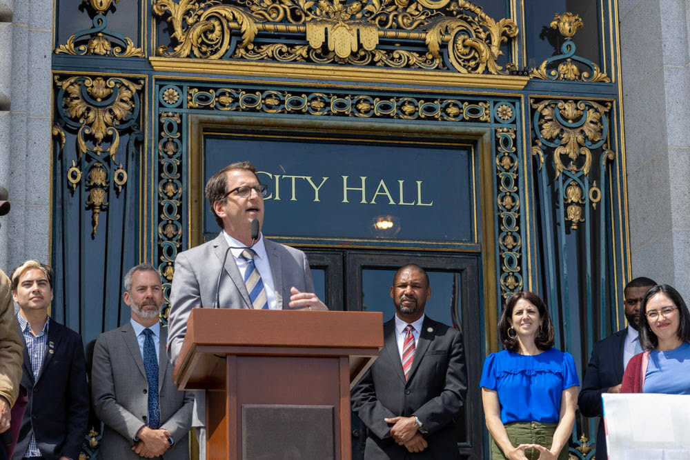 Rally for Transit Funding at San Francisco City Hall, April 18, 2023. San Francisco Supervisor Dean Preston.