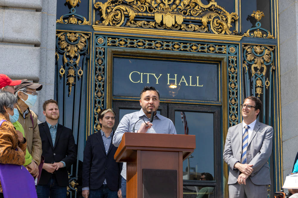 Rally for Transit Funding at San Francisco City Hall, April 18, 2023. SFMTA Citizens' Advisory Committee Kevin Ortiz