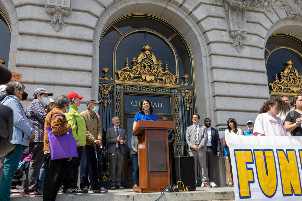 Rally for Transit Funding at San Francisco City Hall, April 18, 2023. Commissioner Hillary Ronen.
