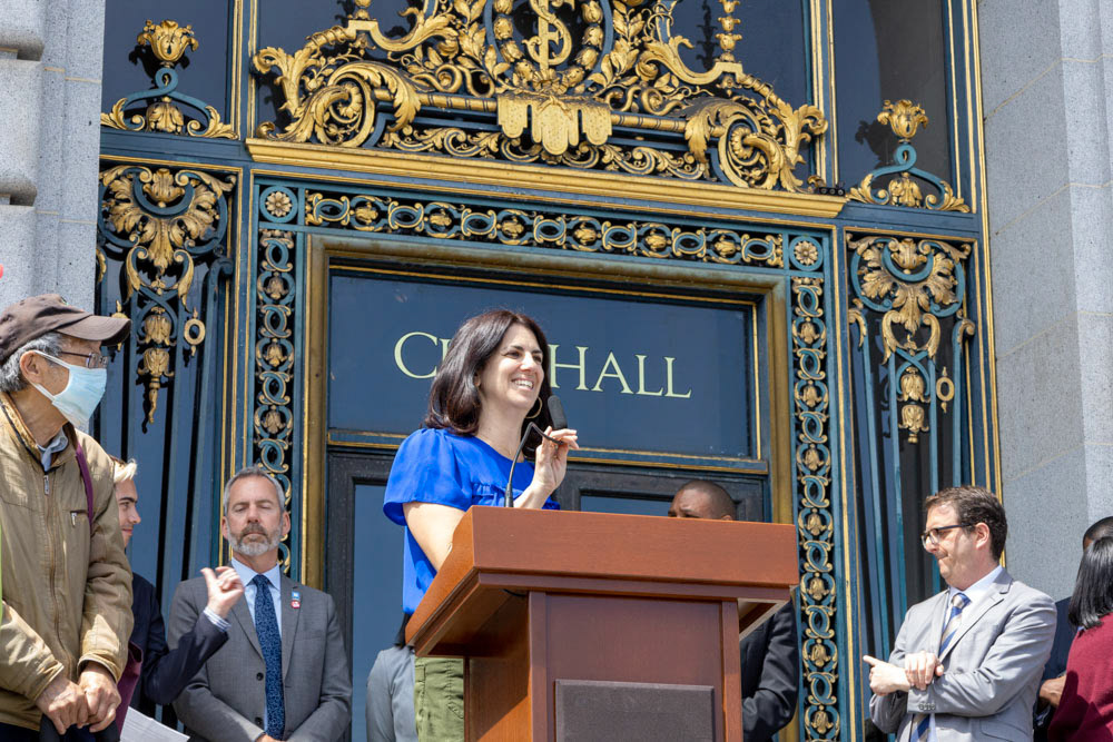 Rally for Transit Funding at San Francisco City Hall, April 18, 2023. Commissioner Hillary Ronen.