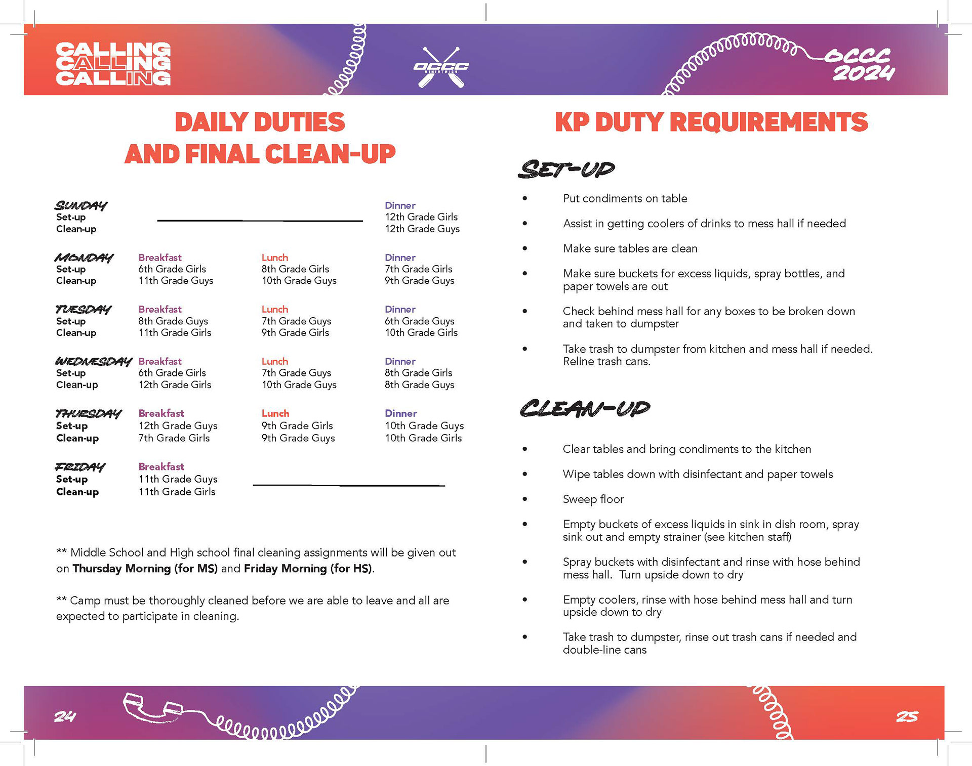 Daily Duties and Final Clean Up page