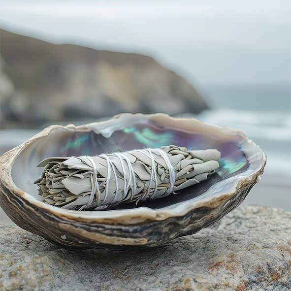 Abaloneschnecke mit Räucherbündel 