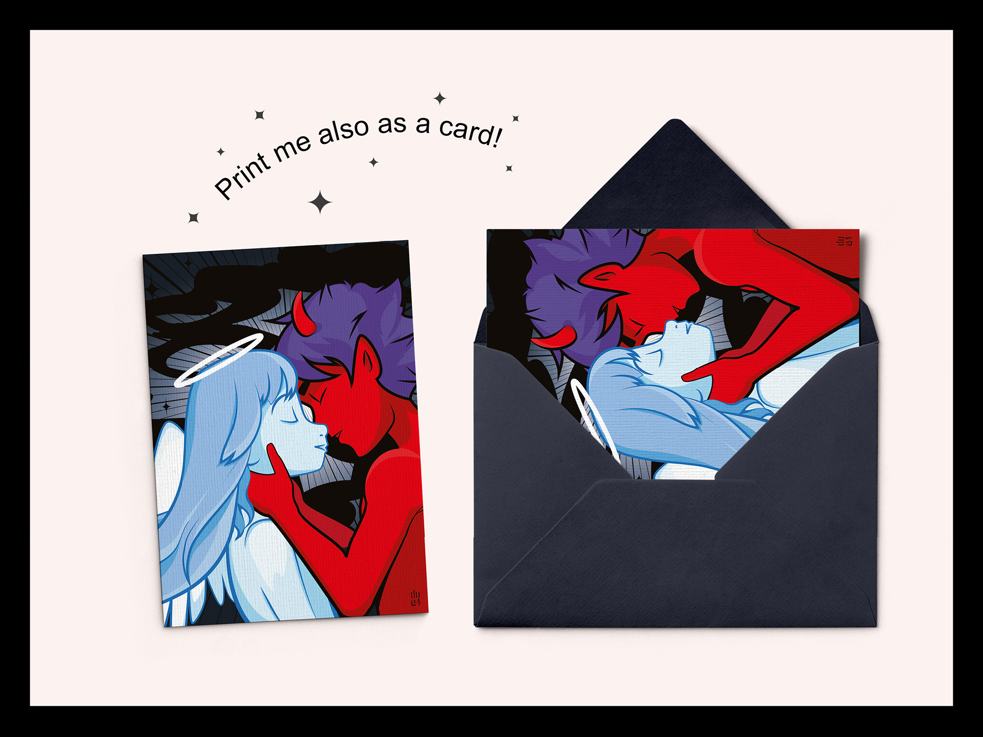 Digital Print Angel Devil Kiss, Angel Devil Digital, Art, Fantasy Angel Devil Kissing, Manga Angel Devil Art, Angel Devil Love, ⓒ 2023 Due4Design