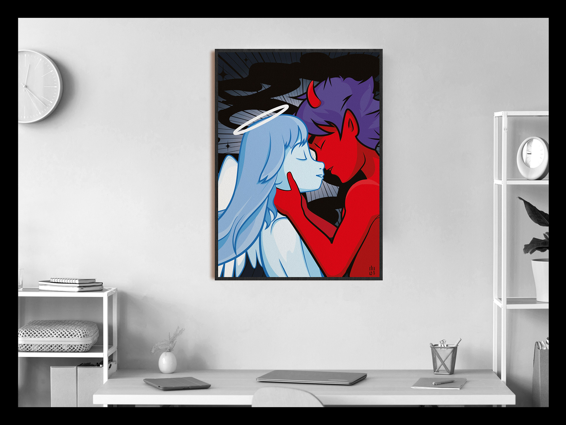 Digital Print Angel Devil Kiss, Angel Devil Digital, Art, Fantasy Angel Devil Kissing, Manga Angel Devil Art, Angel Devil Love, ⓒ 2023 Due4Design