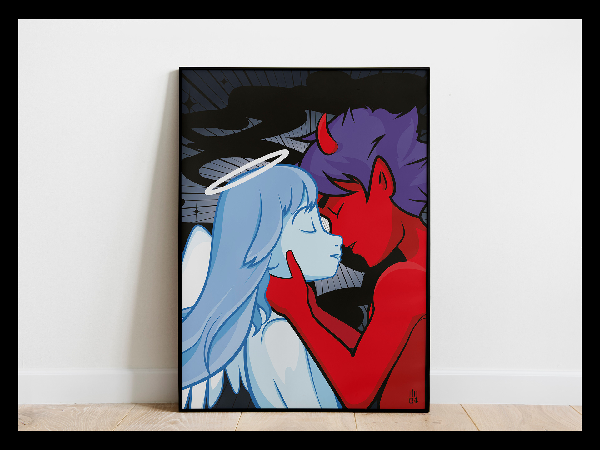 Digital Print Angel Devil Kiss, Angel Devil Digital, Art, Fantasy Angel Devil Kissing, Manga Angel Devil Art, Angel Devil Love, ⓒ 2023 Due4Design