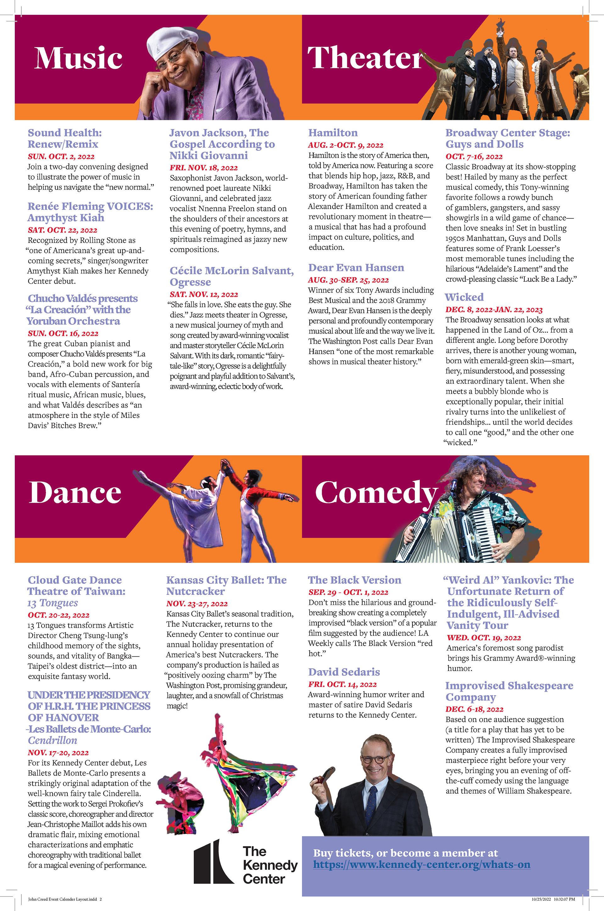 The different calendar events, organized by genre.