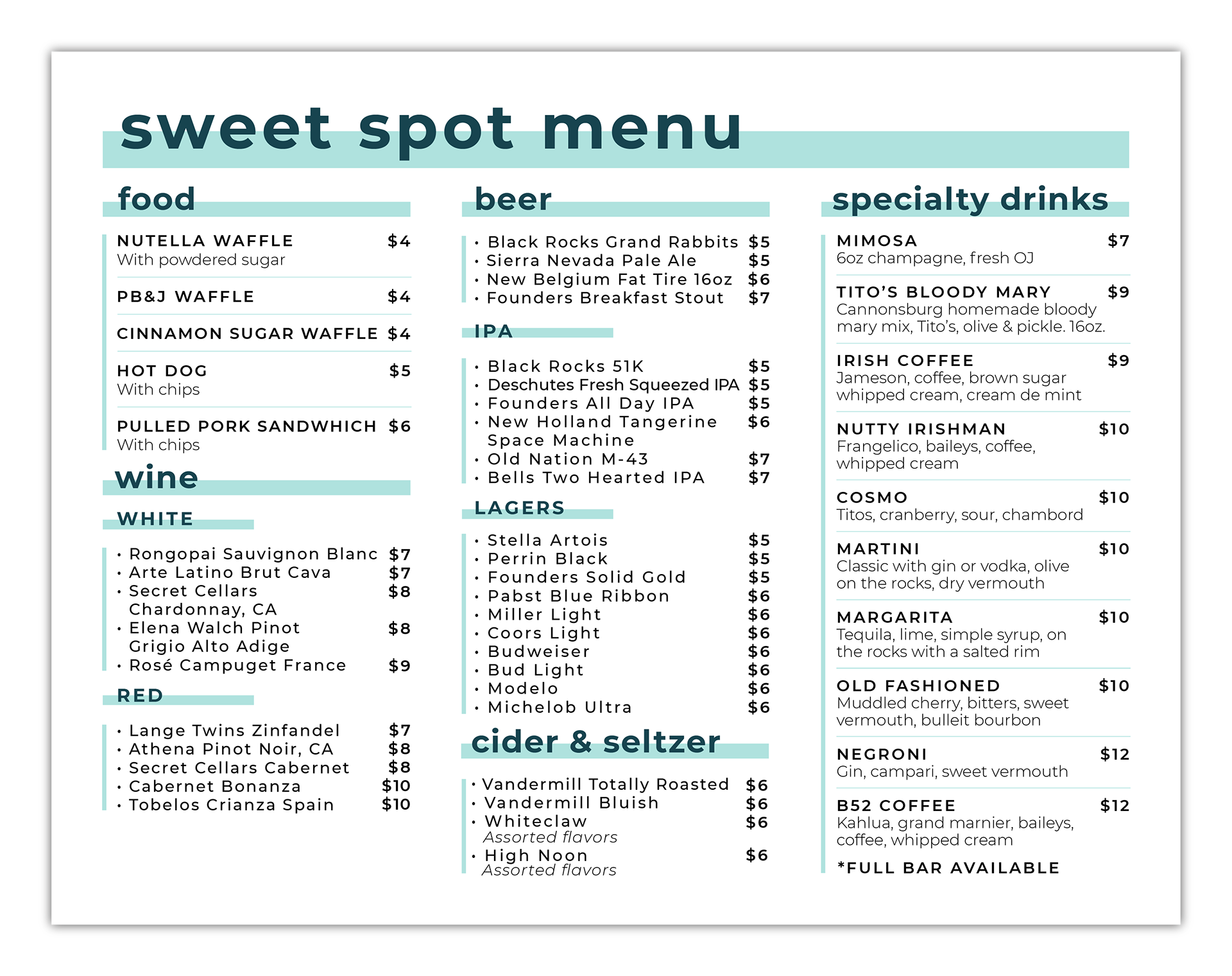 8.5x11 version of our sweet spot menu, one of our many food truck style concepts