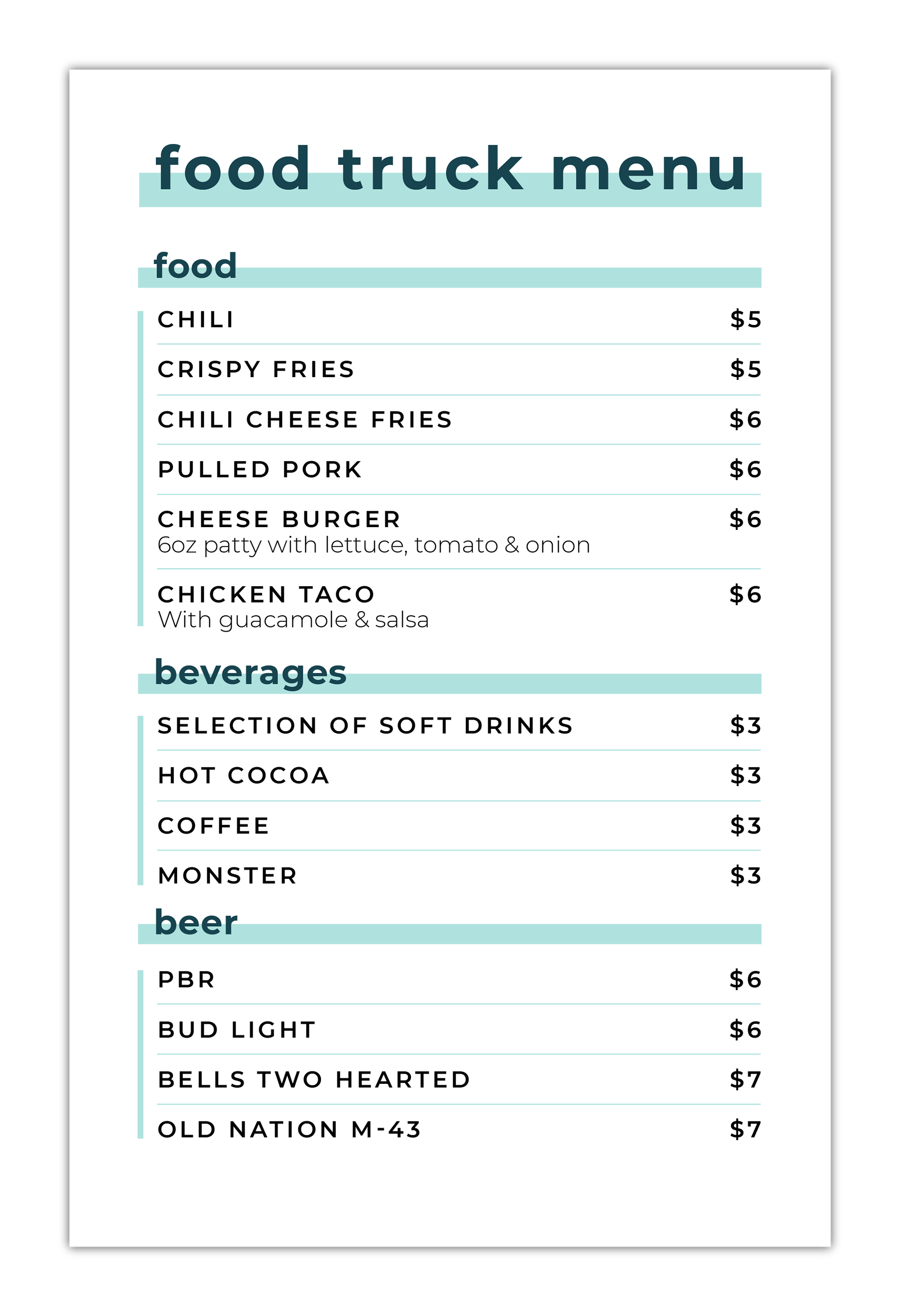 Smaller, 5.5x11 half page menu handout for food truck.