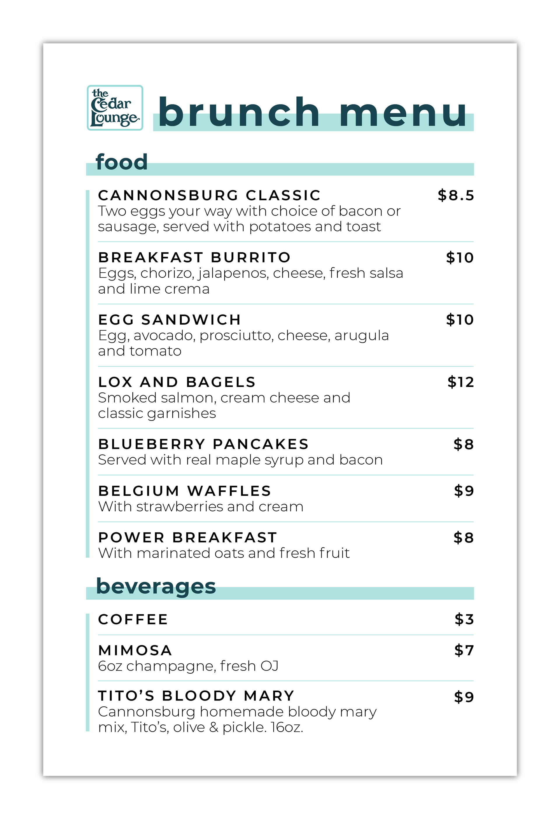 Smaller, 5.5x11 half page menu handout for brunch.
