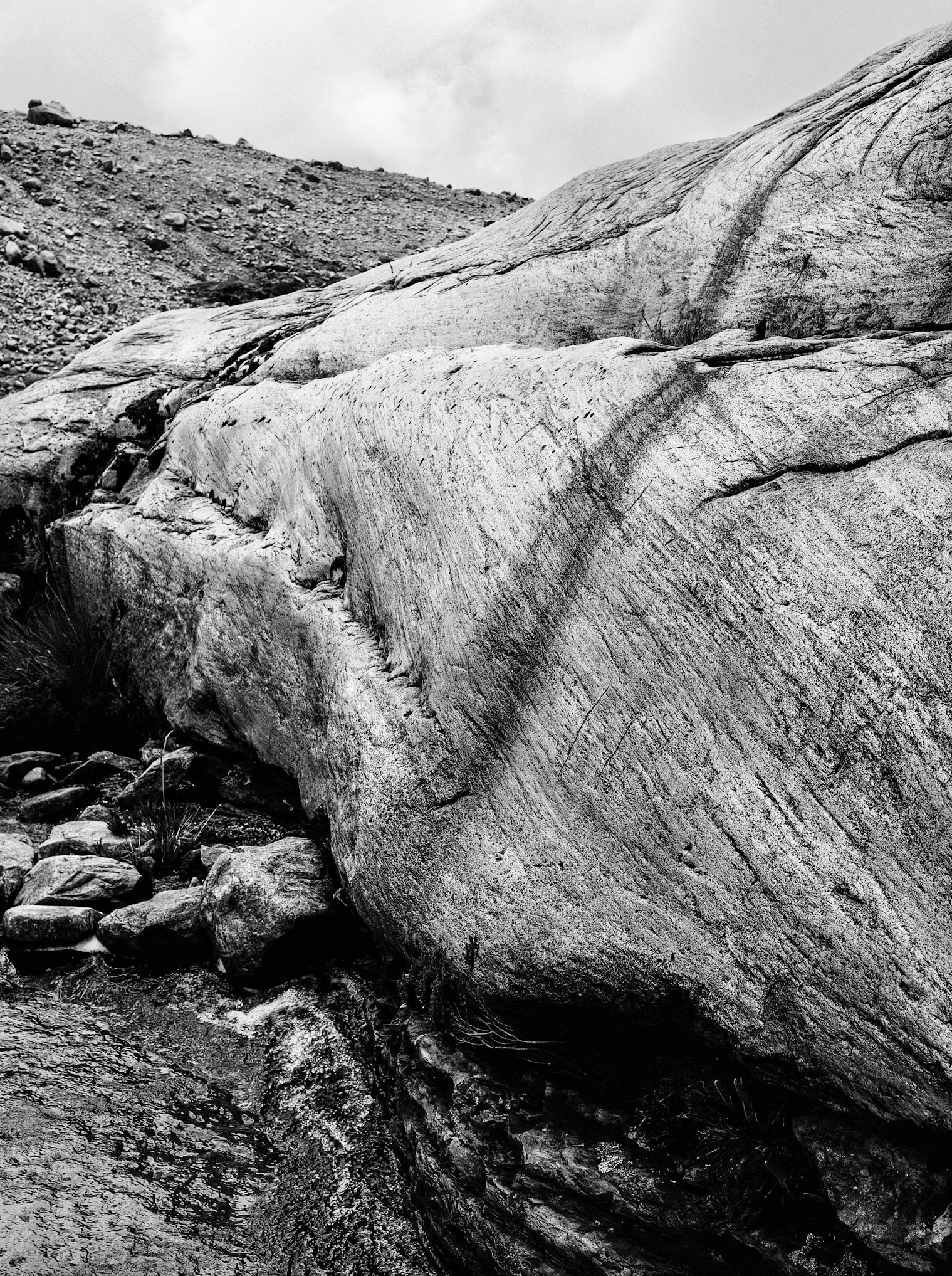 Roches polies par la glace il y a plusieurs dizaines d’années. A ses pieds le torrent de glace fondue provenant du glacier qui se trouve plusieurs centaines de mètres plus haut