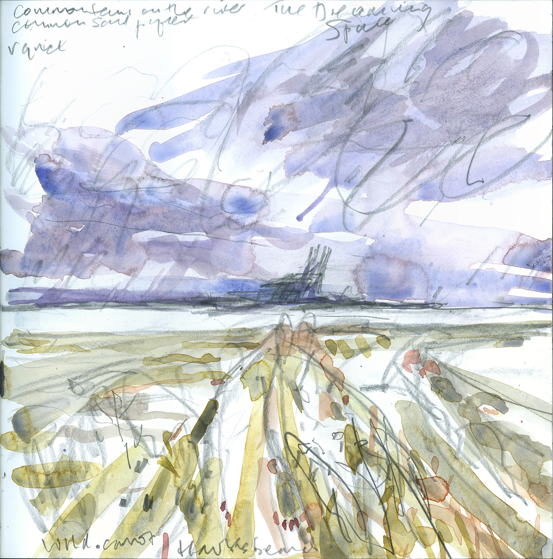 Watercolour sketch of a yellow-green river wall and distant Felixstowe docks under heat purple-blue clouds