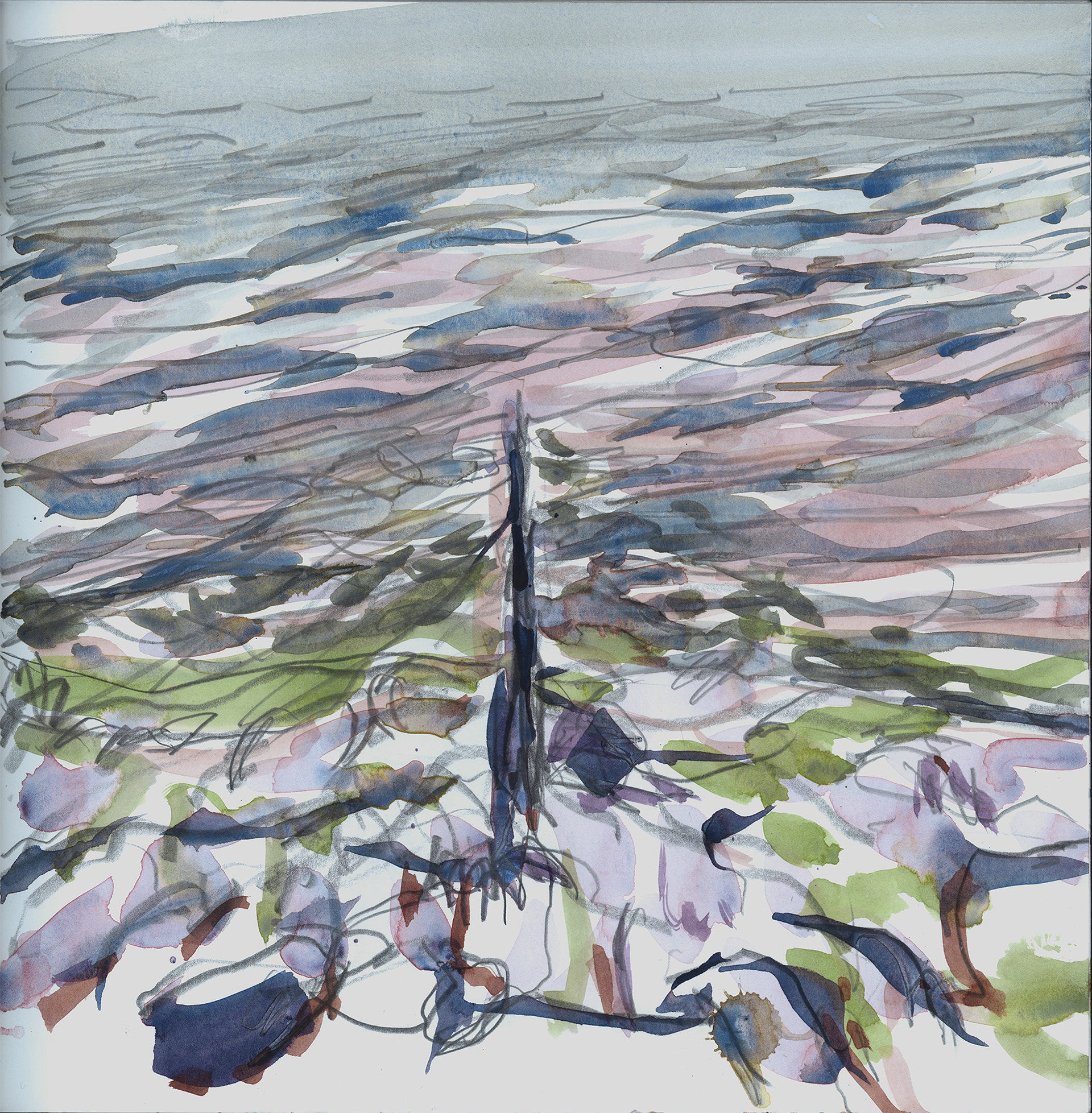 Watercolour sketch of waves lapping against a breakwater and sea defences