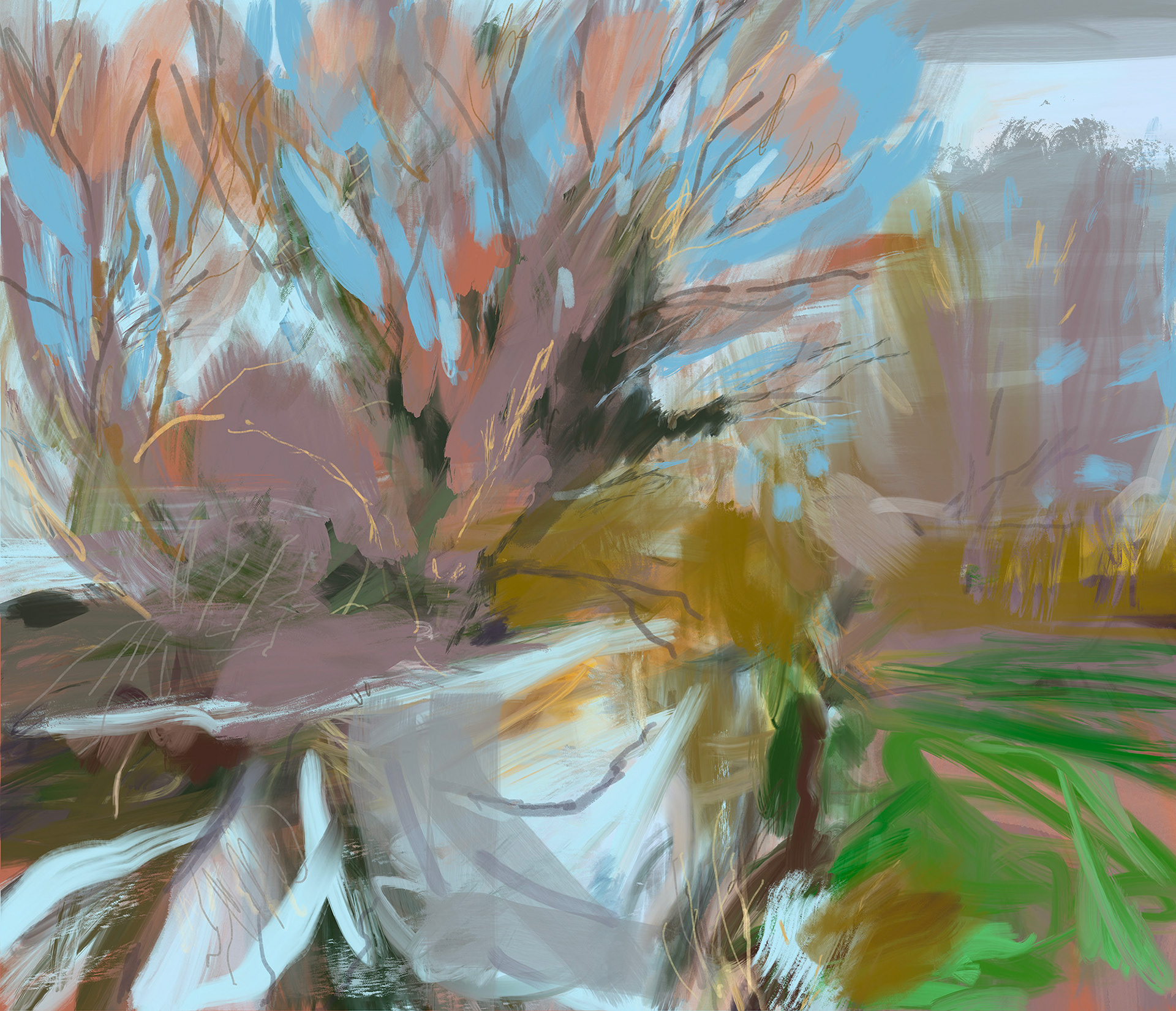 A loose figurative semi-abstract digital painting of willow trees beside a small river.