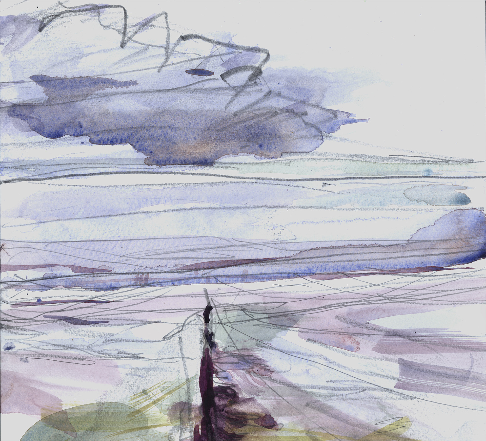 Watercolour sketch of a dark cloud over an estuary at low tide