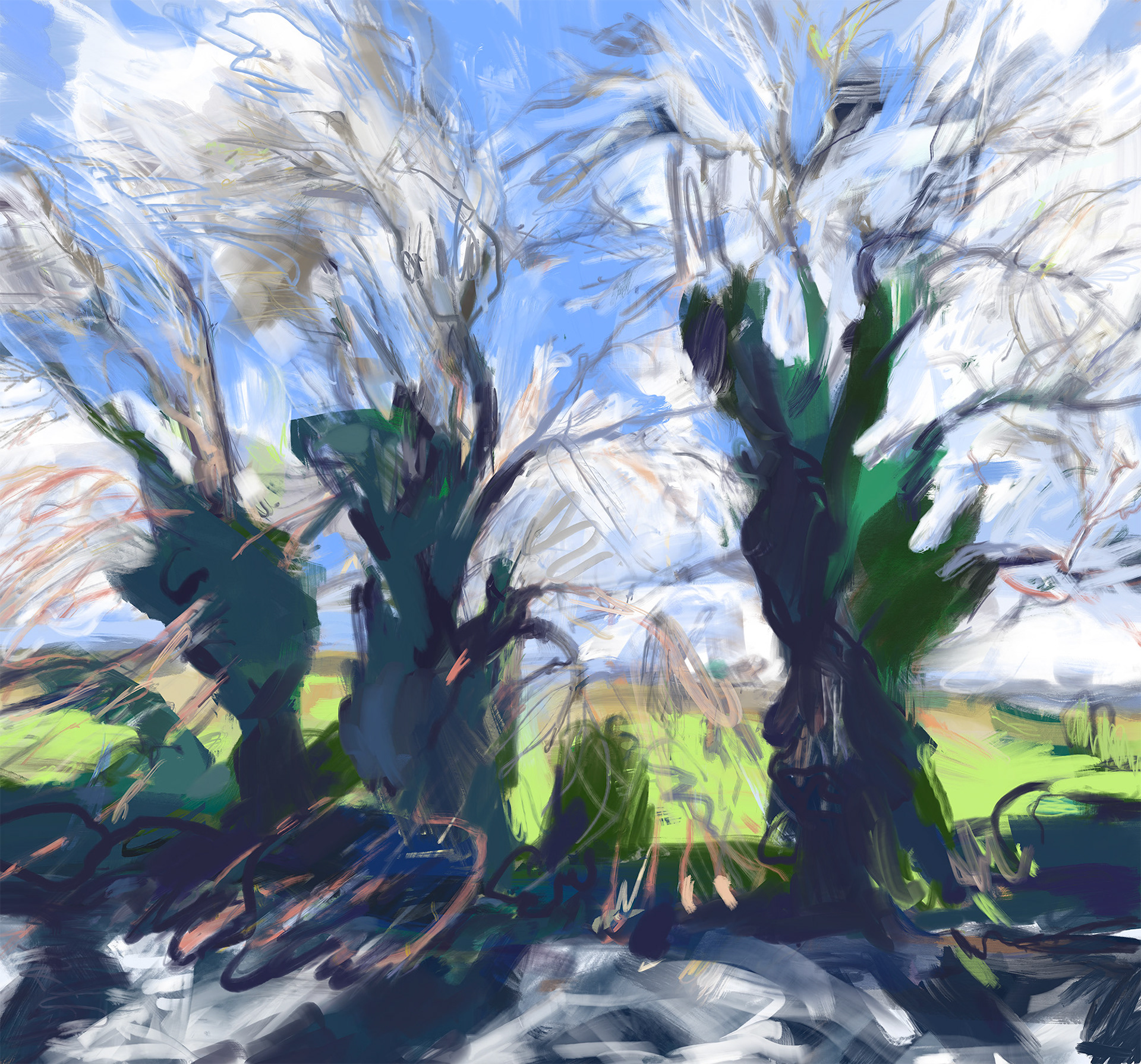 A freely painted figurative digital painting of three backlit trees in deep shadow beside a small river on a windy spring morning