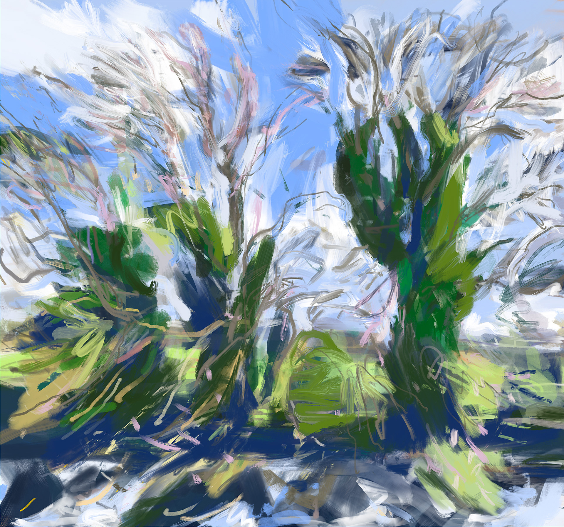 A freely painted figurative digital painting of three backlit trees beside a small river on a windy spring morning