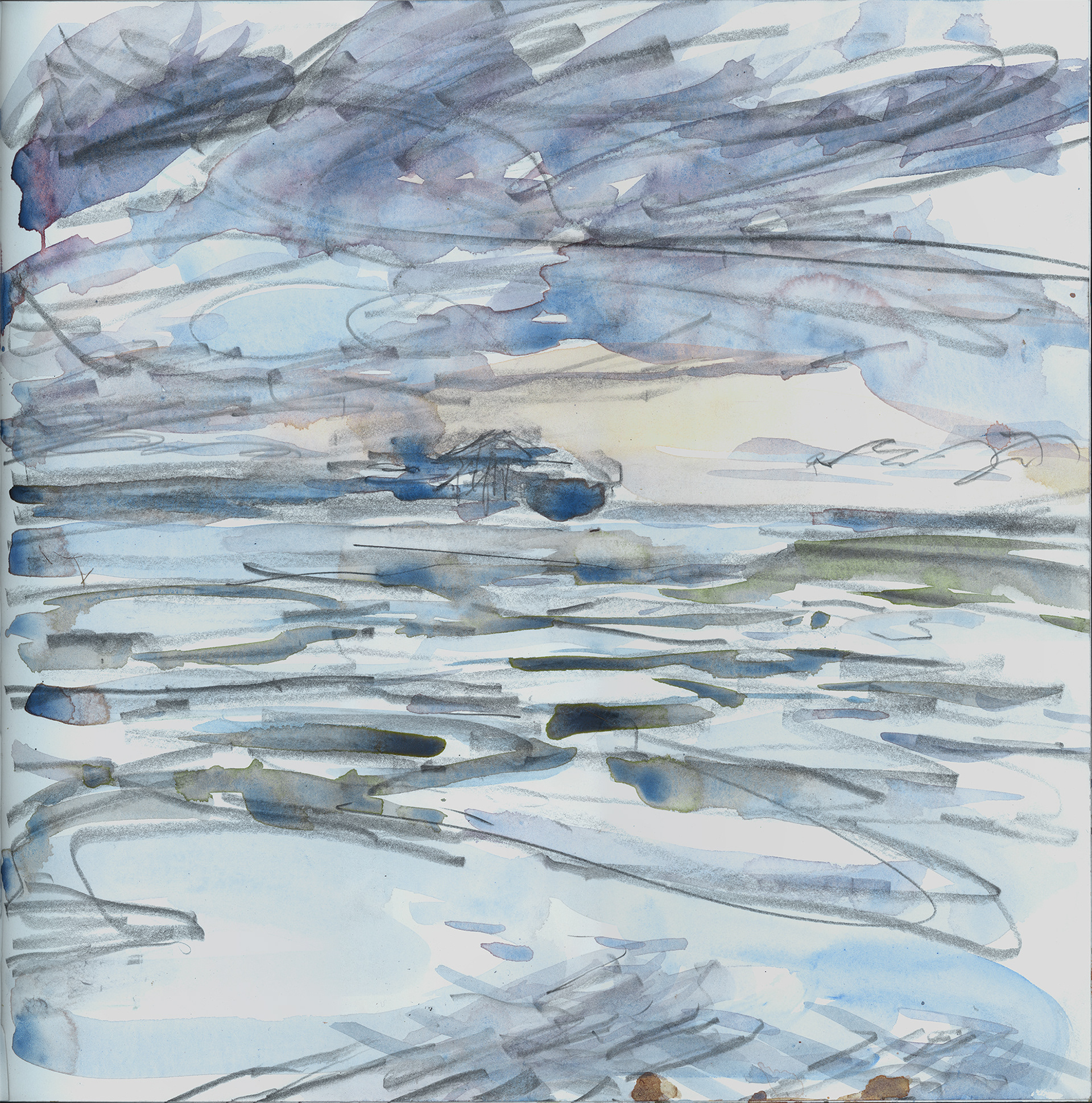 A watercolour sketch mainly in pale blue and purple of salt marsh almost covered at high tide under heavy cloud with Felixstowe dock in the background