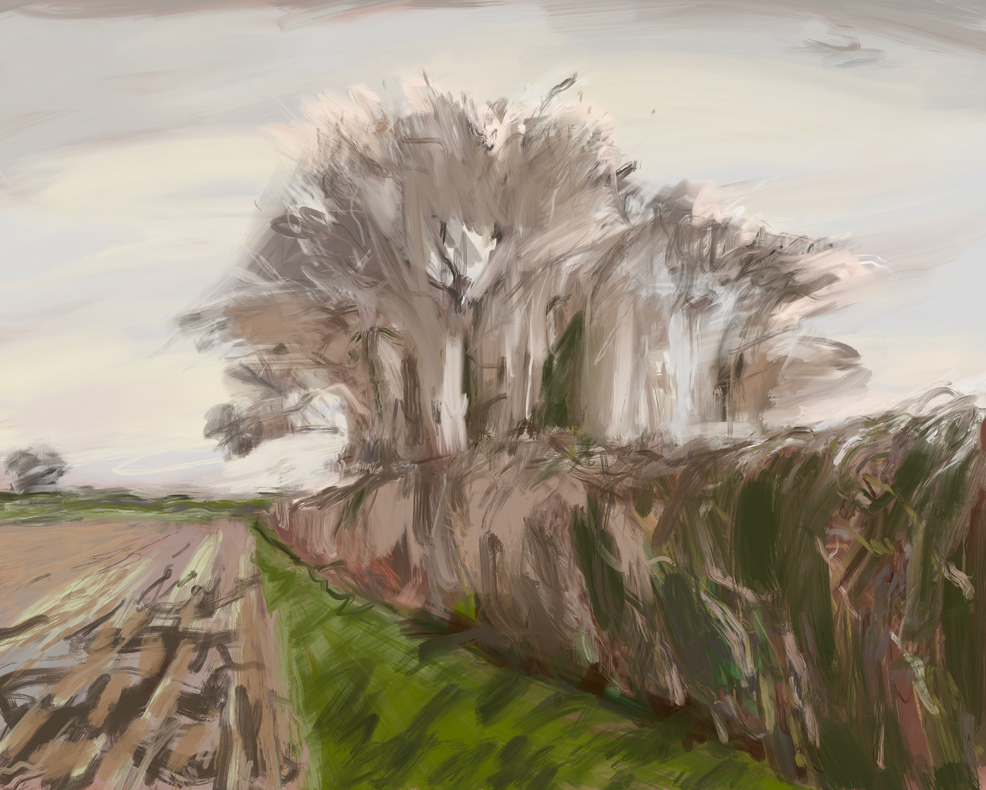 A freely painted view of farmland with a hedge, bare field and a small copse of trees on a grey winter's day.