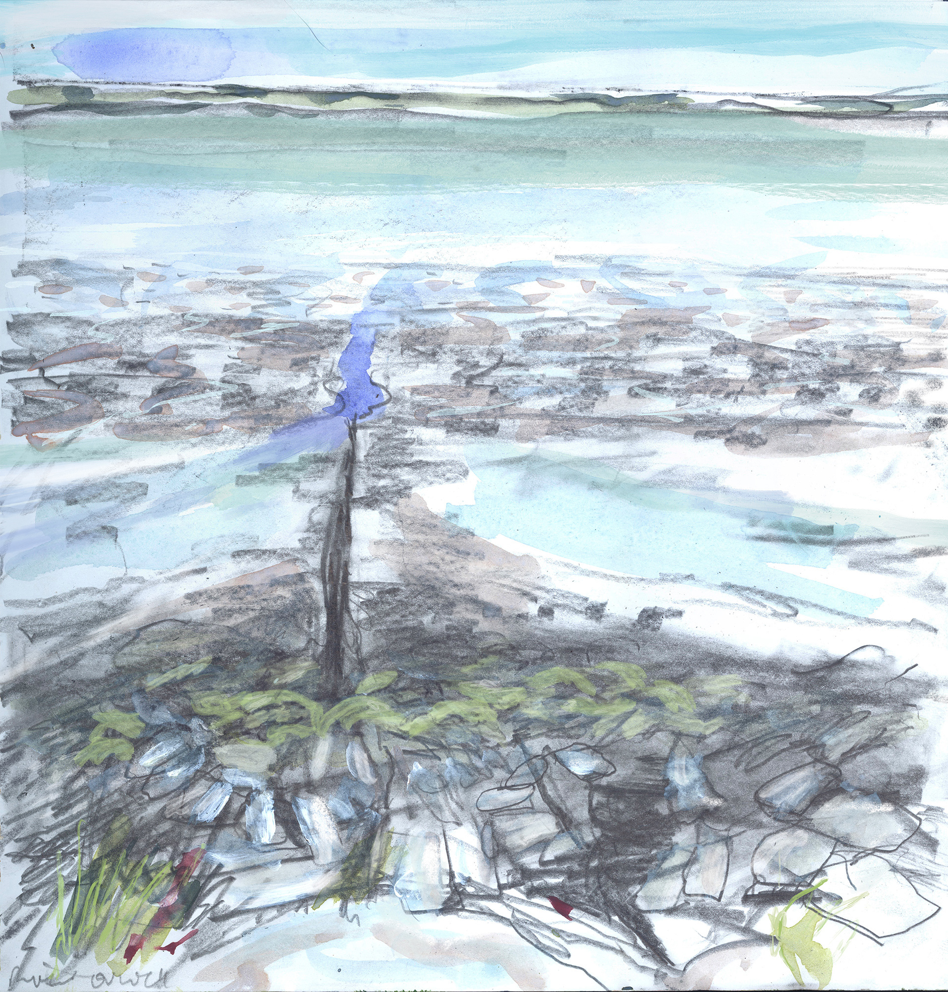 Watercolour and pencil sketch of a dark breakwater, foreground stones, mud and light aqua-blue water at low tide