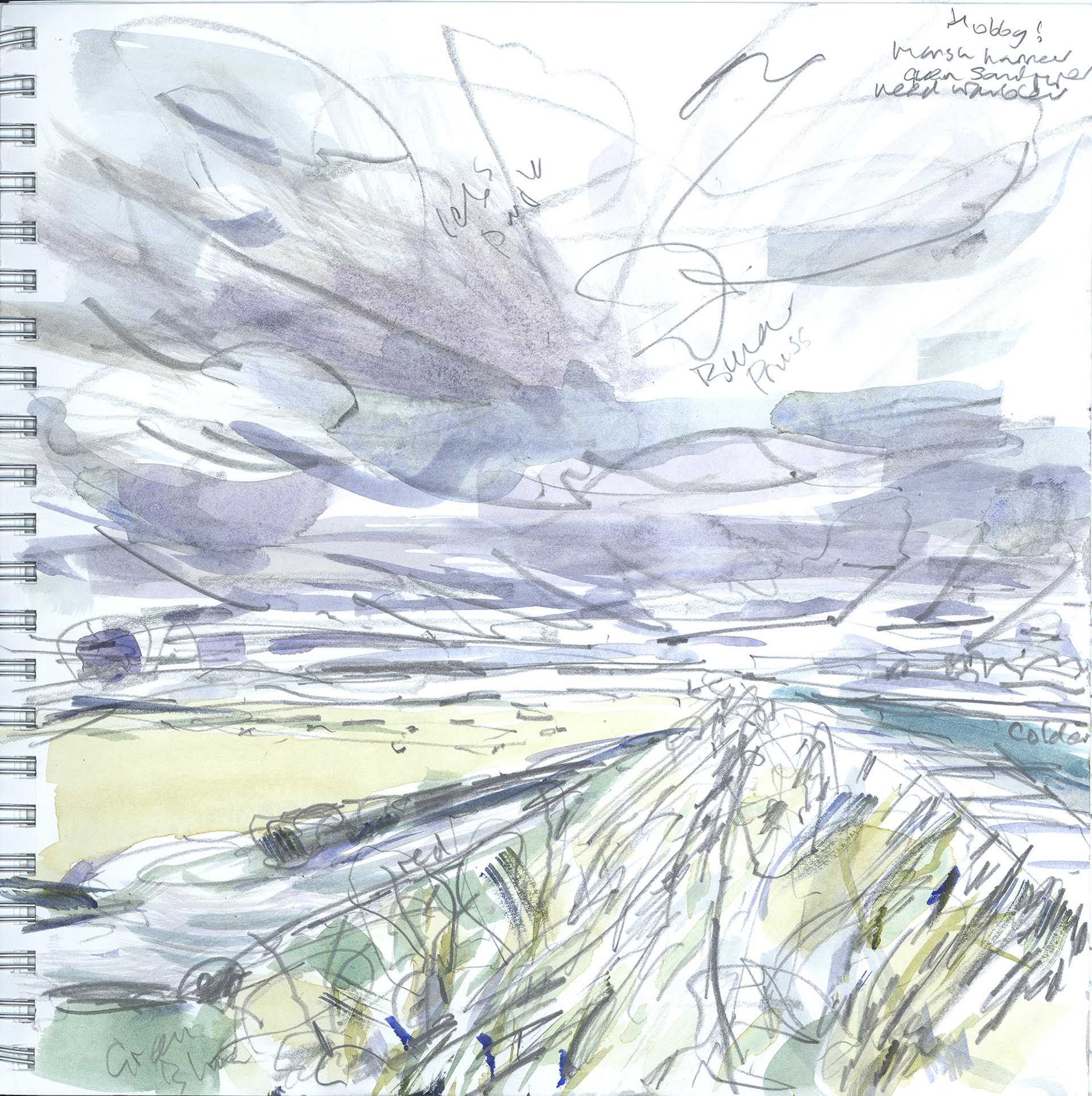 Animated watercolour and pencil sketch of fast moving clouds over a straight river wall and marsh